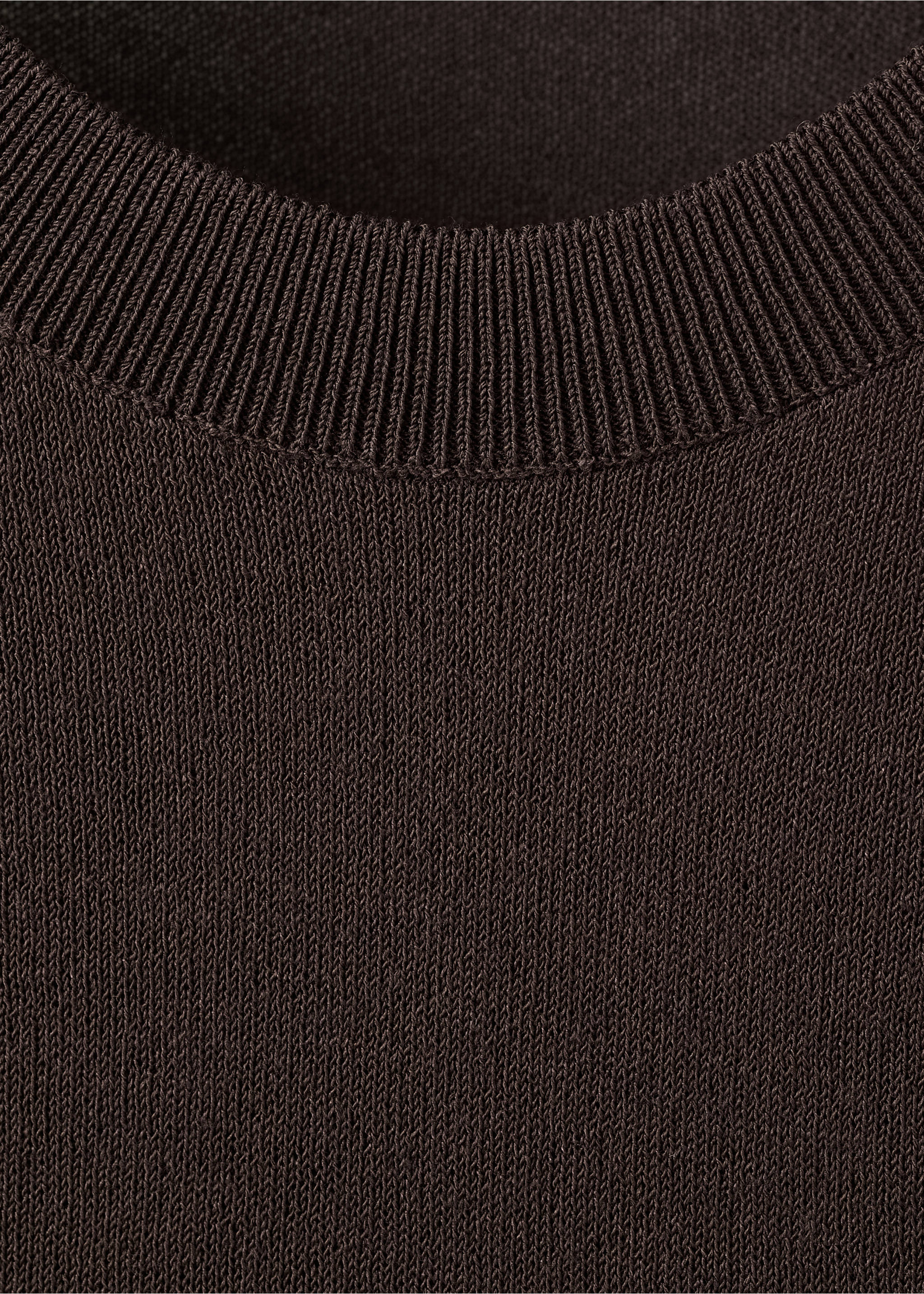 Close-up of a dark brown knit sweater with a ribbed crew neckline., Brown. Ref: 27085838-00.