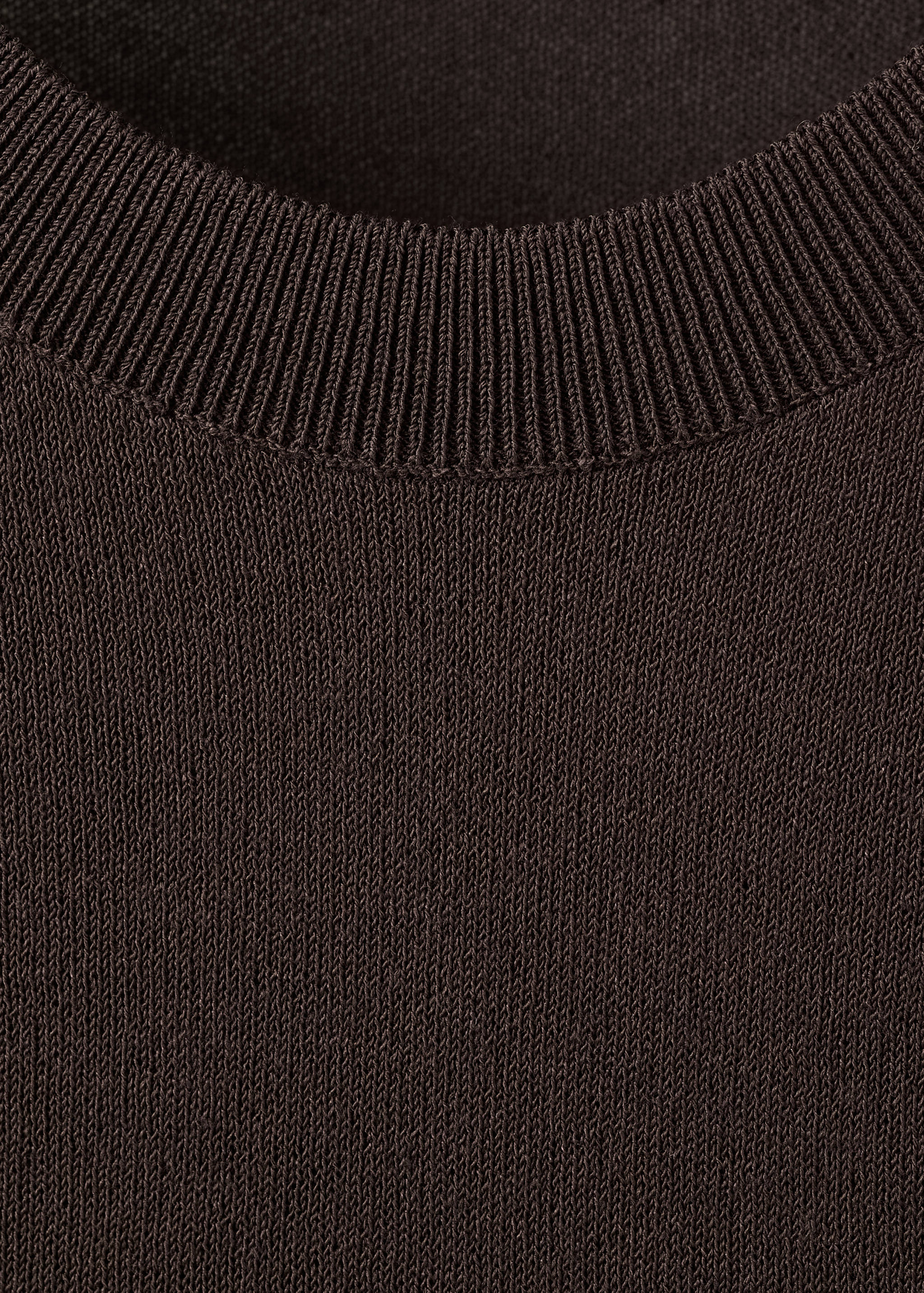 Close-up of a dark brown knit sweater with a ribbed crew neckline.