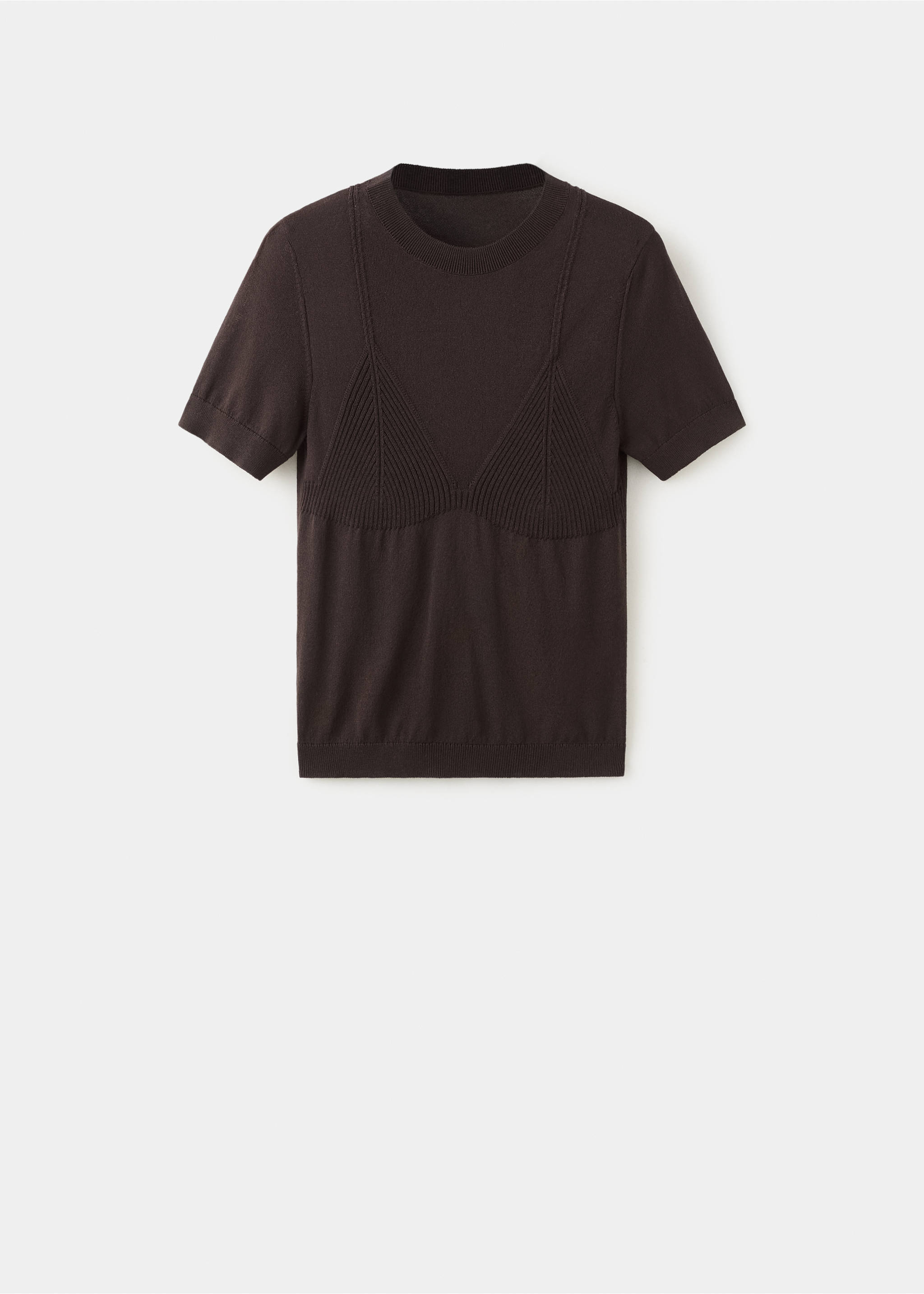 Dark brown short-sleeved knit jersey with a rib-knit bralette detail., Brown. Ref: 27085838-00.