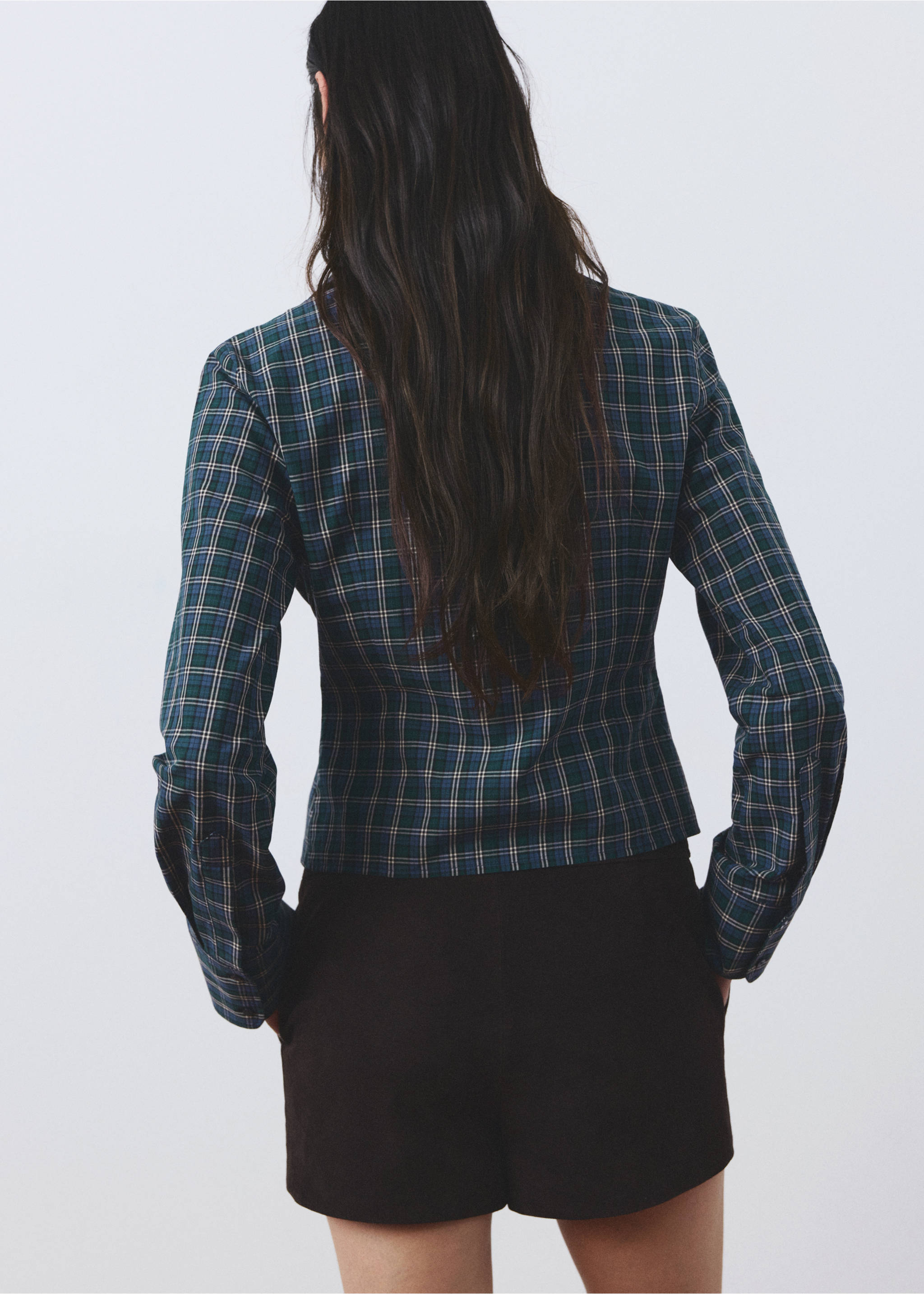 Green and blue plaid blouse, back view, Blue. Ref: 27086361-00.
