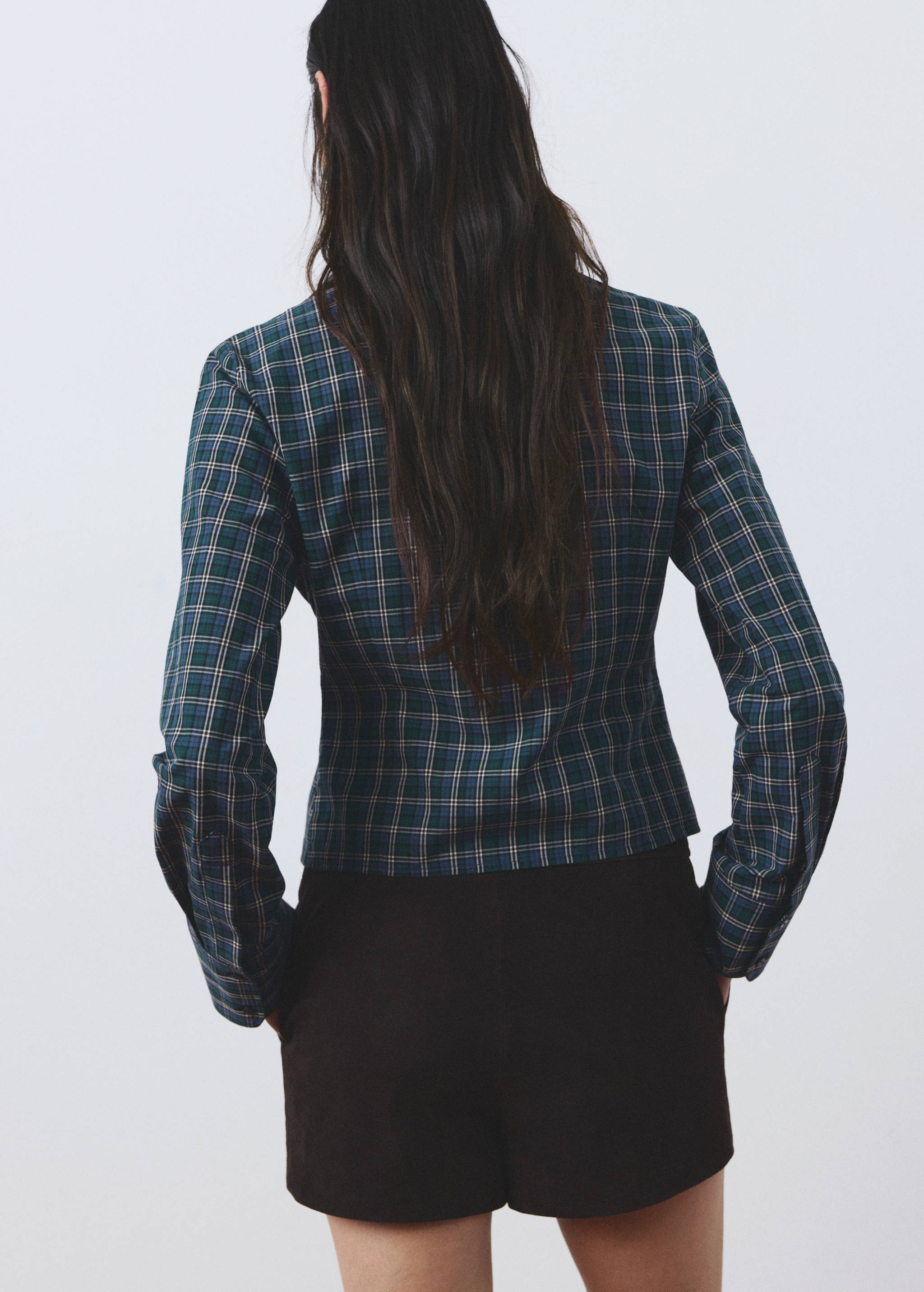 Green and blue plaid blouse, back view