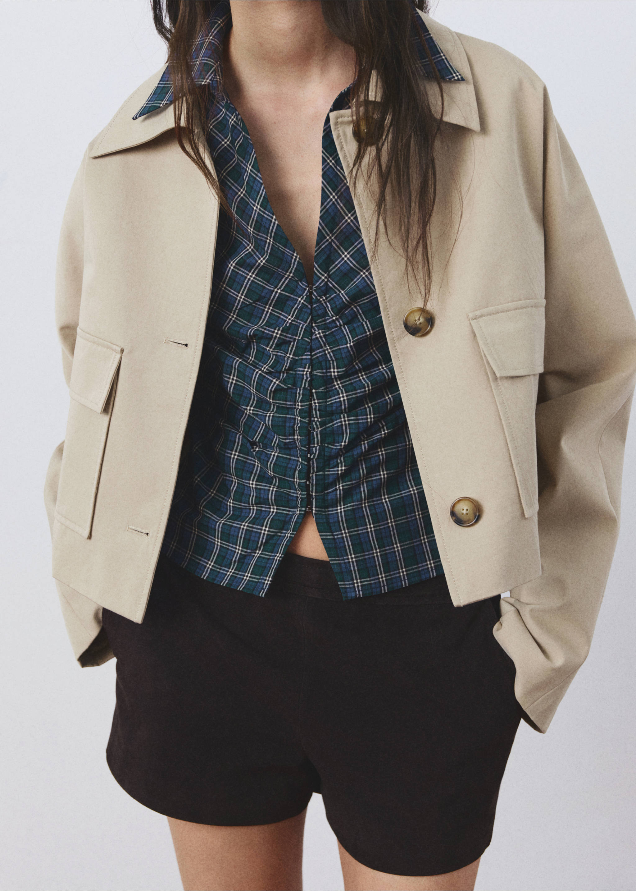 Green and blue plaid blouse with central ruching, layered under a beige jacket., Blue. Ref: 27086361-00.