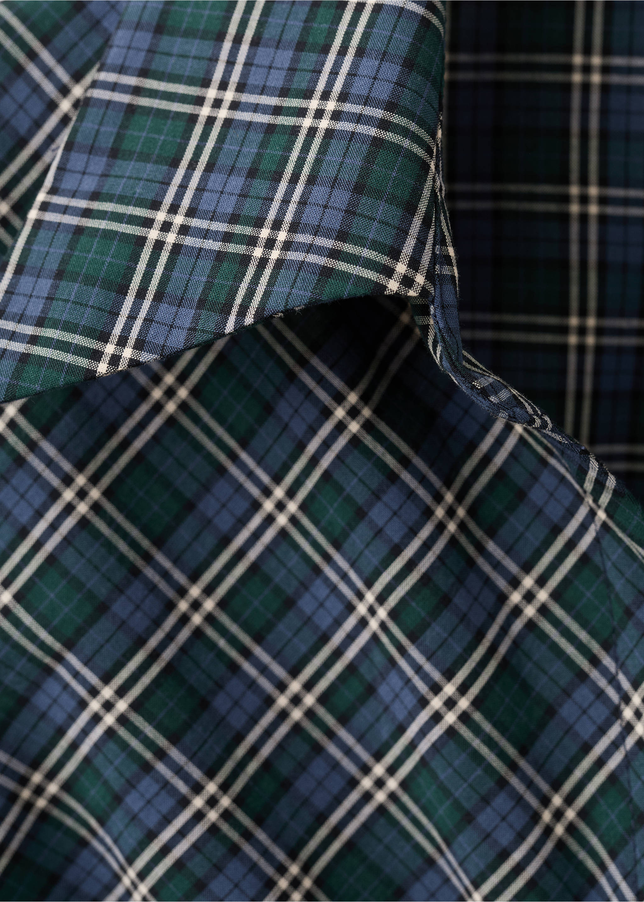 Green and blue plaid blouse detail showing the collar and woven fabric., Blue. Ref: 27086361-00.