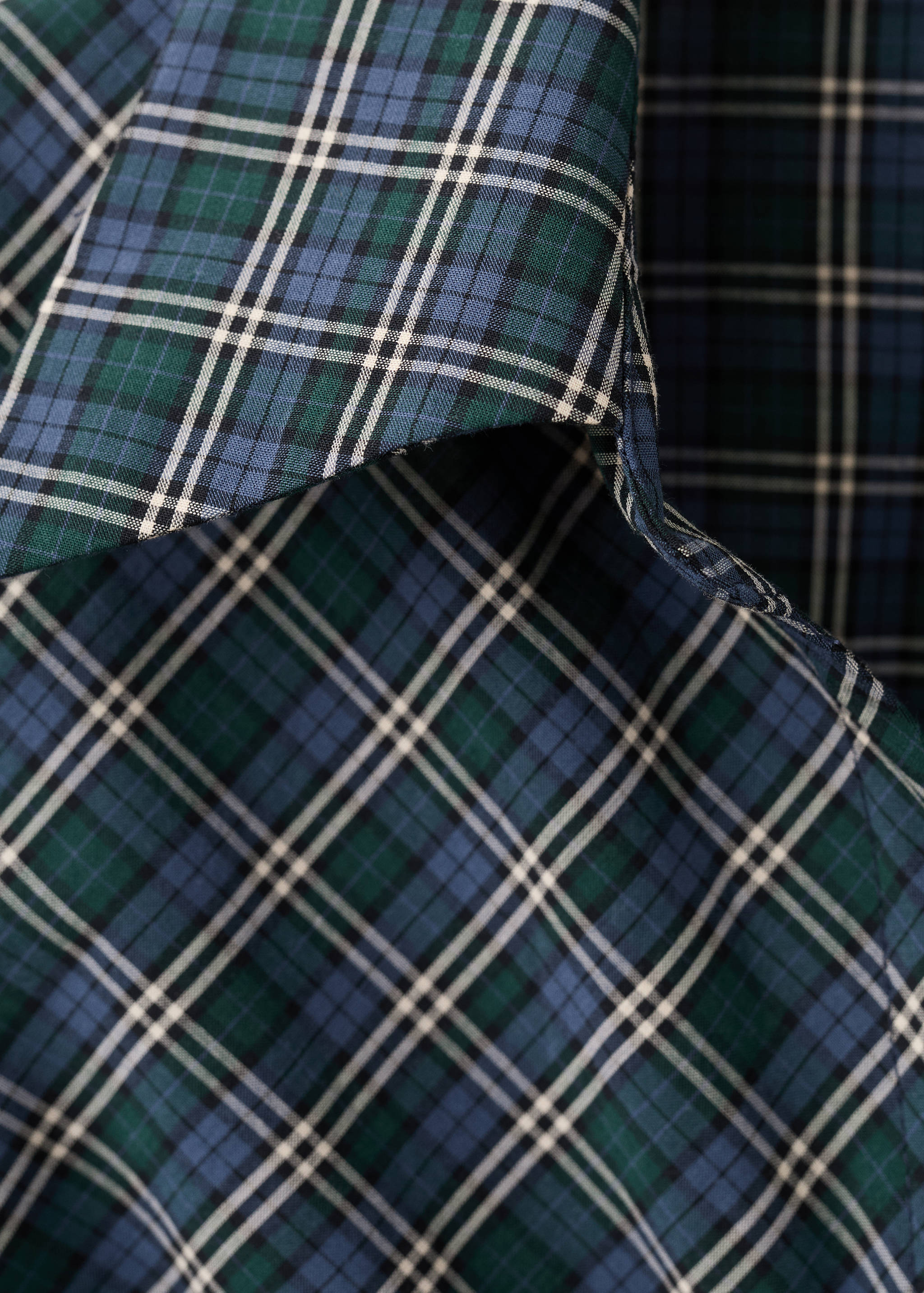 Green and blue plaid blouse detail showing the collar and woven fabric.