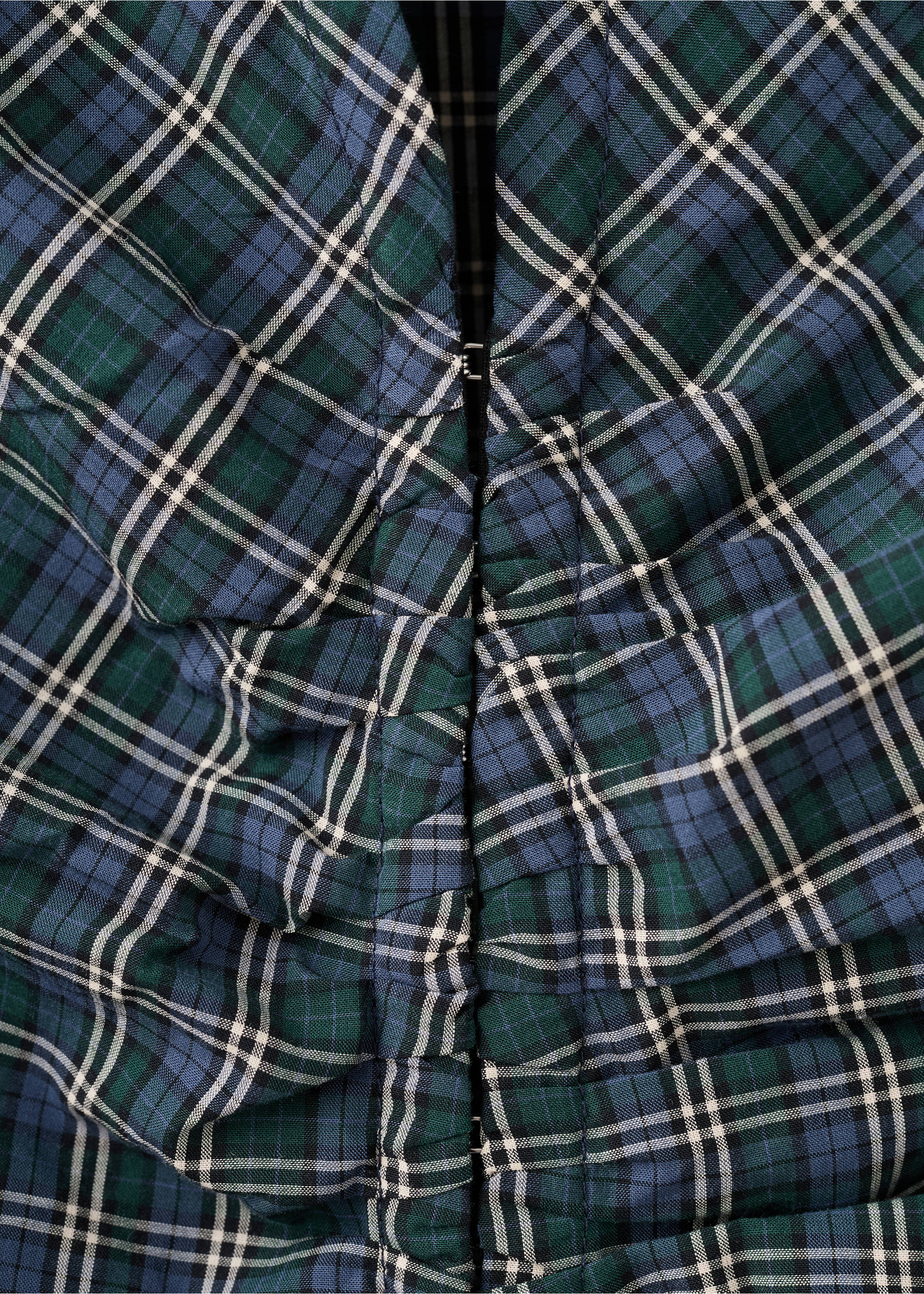 Green and blue tartan plaid blouse fabric close-up with ruching., Blue. Ref: 27086361-00.