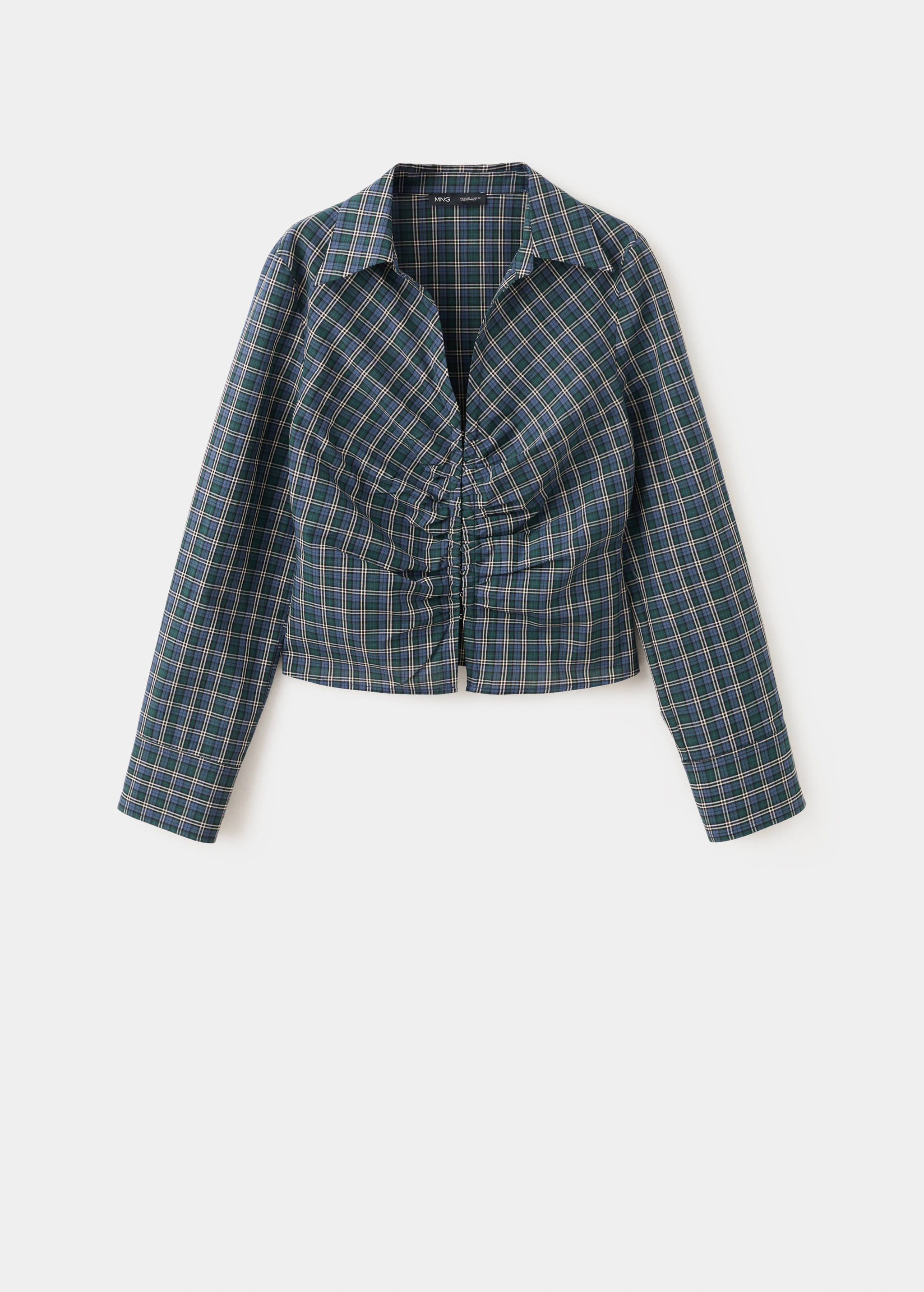 Green and blue plaid blouse with long sleeves, collar and front ruching.