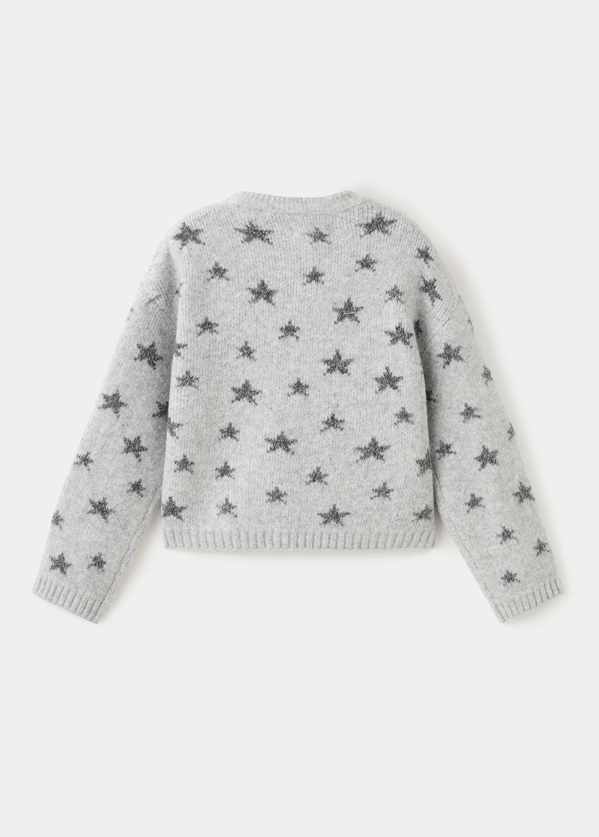 Grey star-patterned kids' sweater, shown from the back.