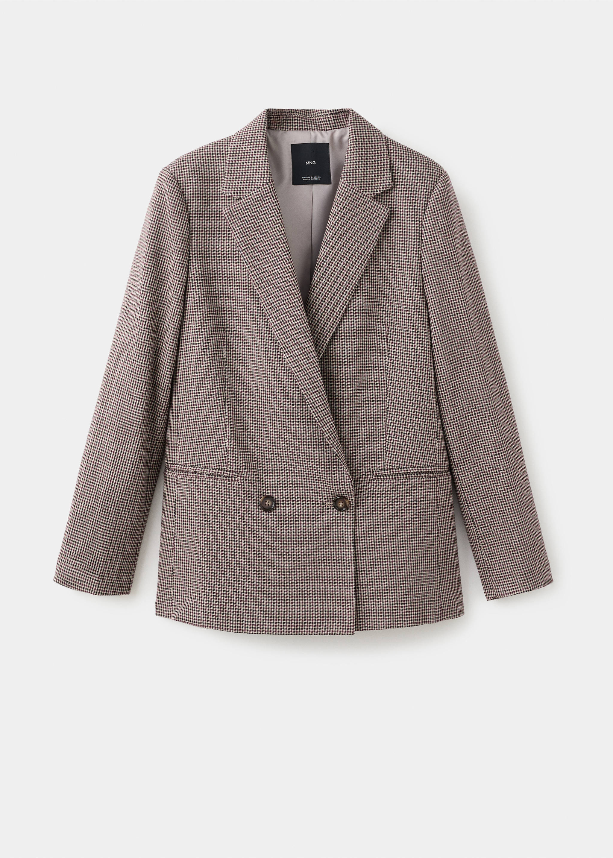 Brown houndstooth double-breasted blazer with notched lapels and front buttons., Burgundy. Ref: 27091259-00.