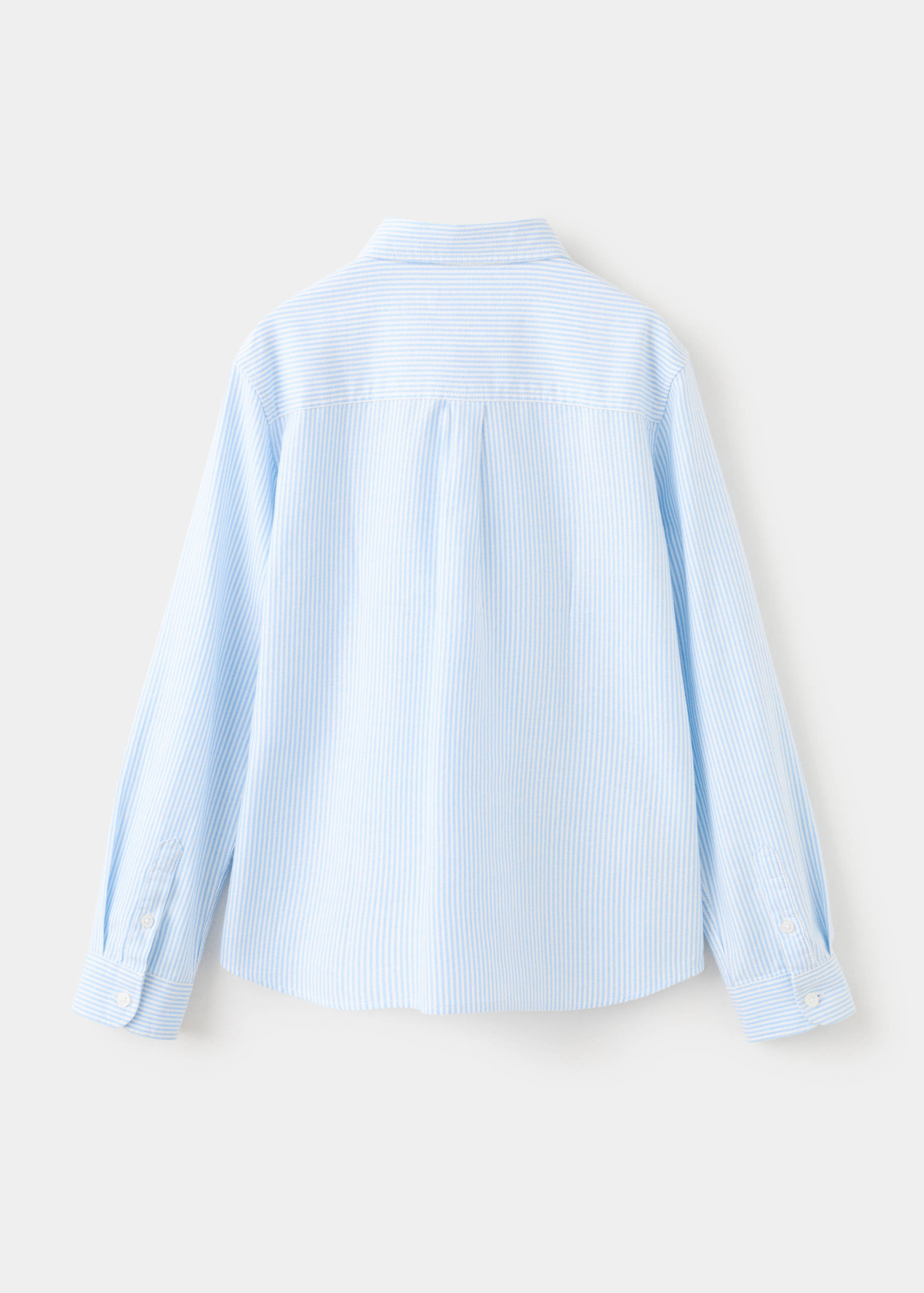 Blue and white striped children's shirt, back view.
