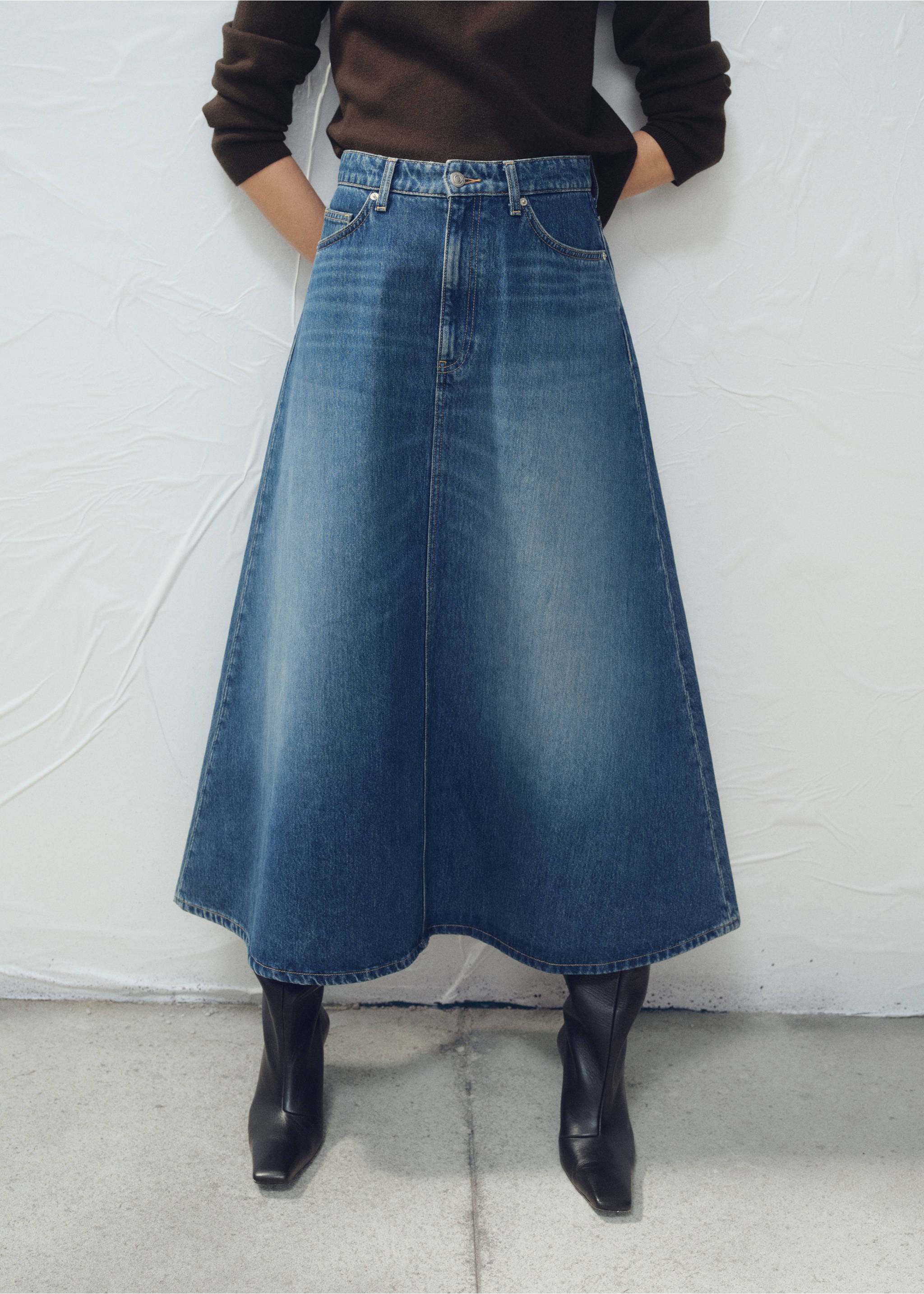 Denim midi-skirt - Medium plane, Dark Blue. Ref: 27091342-00.