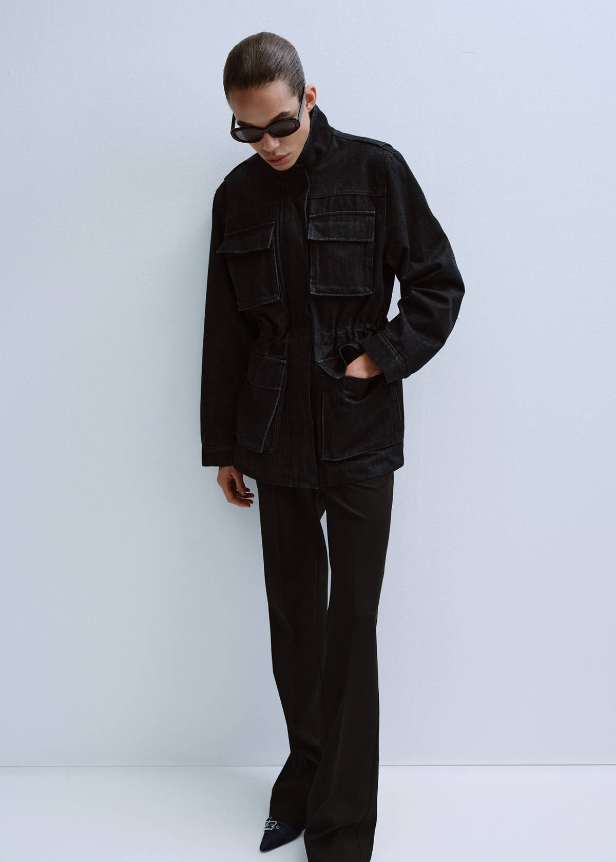 Oversized denim parka with pockets