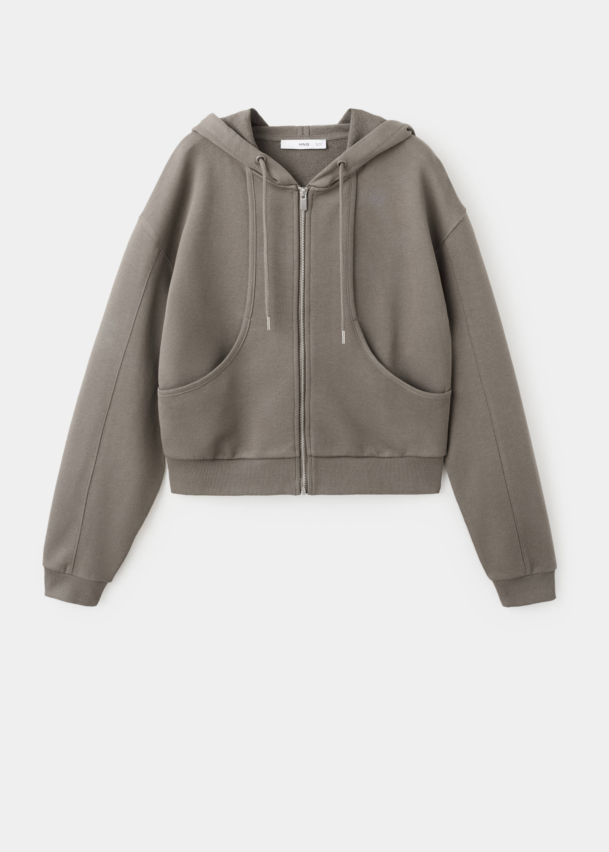 Khaki green zipped hoodie with front pockets and drawstrings.