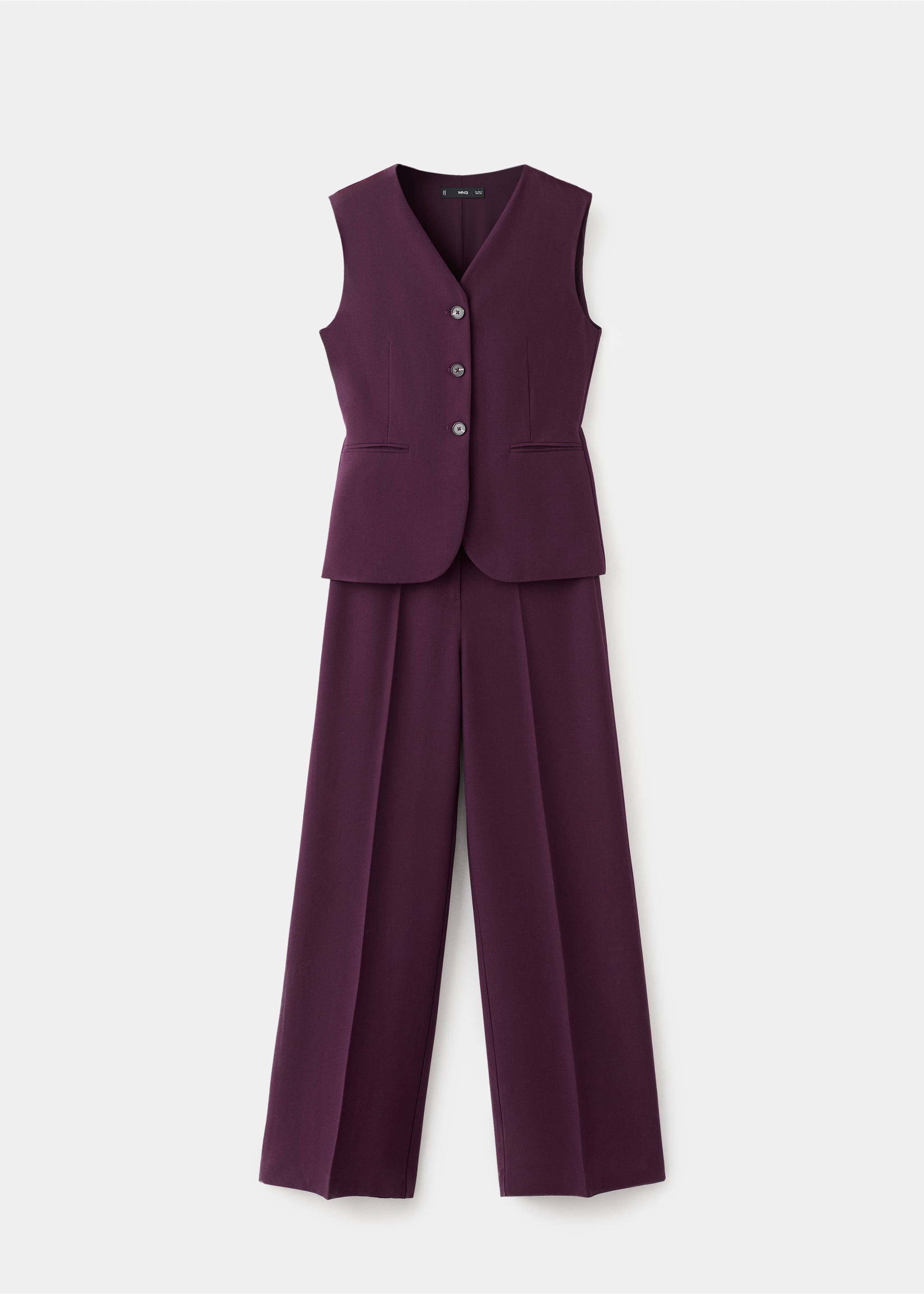 Dark plum purple sleeveless jumpsuit with vest-style button front and wide legs., Plum. Ref: 27094084-00.