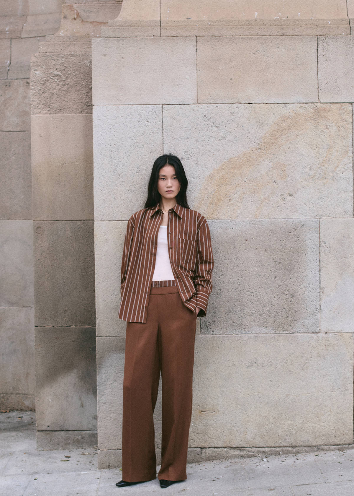 Lyocell trousers with a combined waistband and stripes