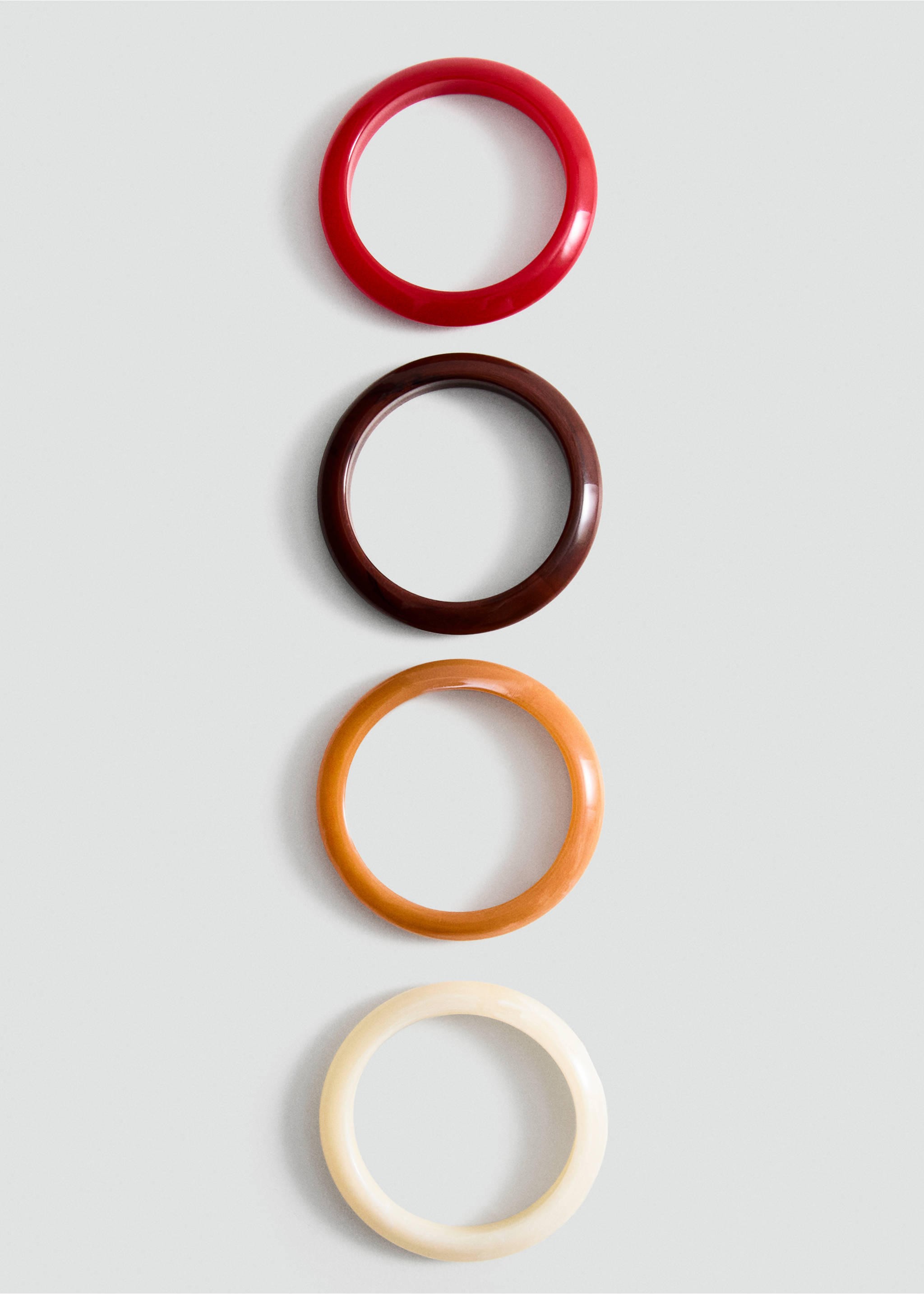 Set of four rigid bangles in red, dark brown, orange, and off-white., Red. Ref: 27095976-00.