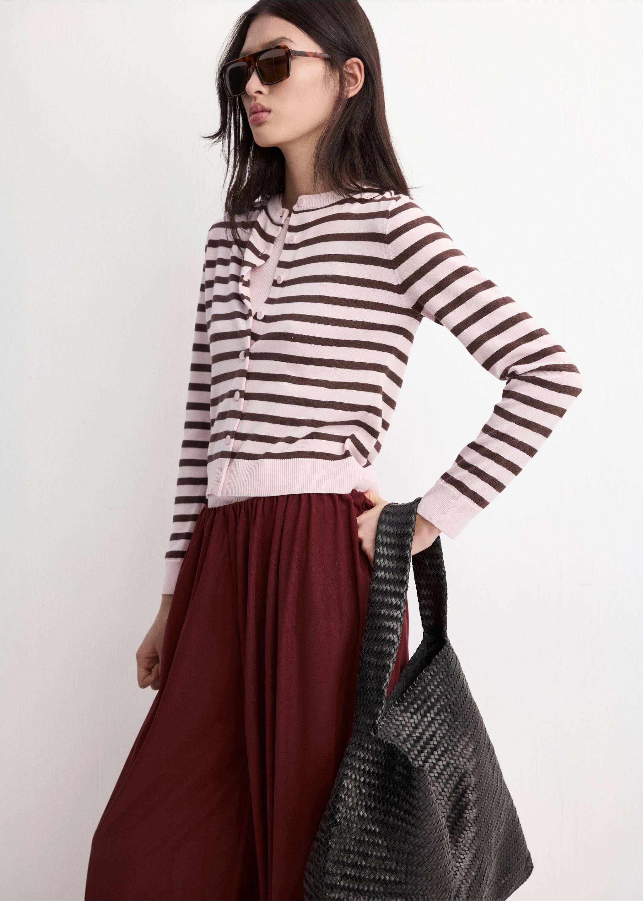 Pink and brown striped knit cardigan in a fitted silhouette., Pink. Ref: 27097145-00.