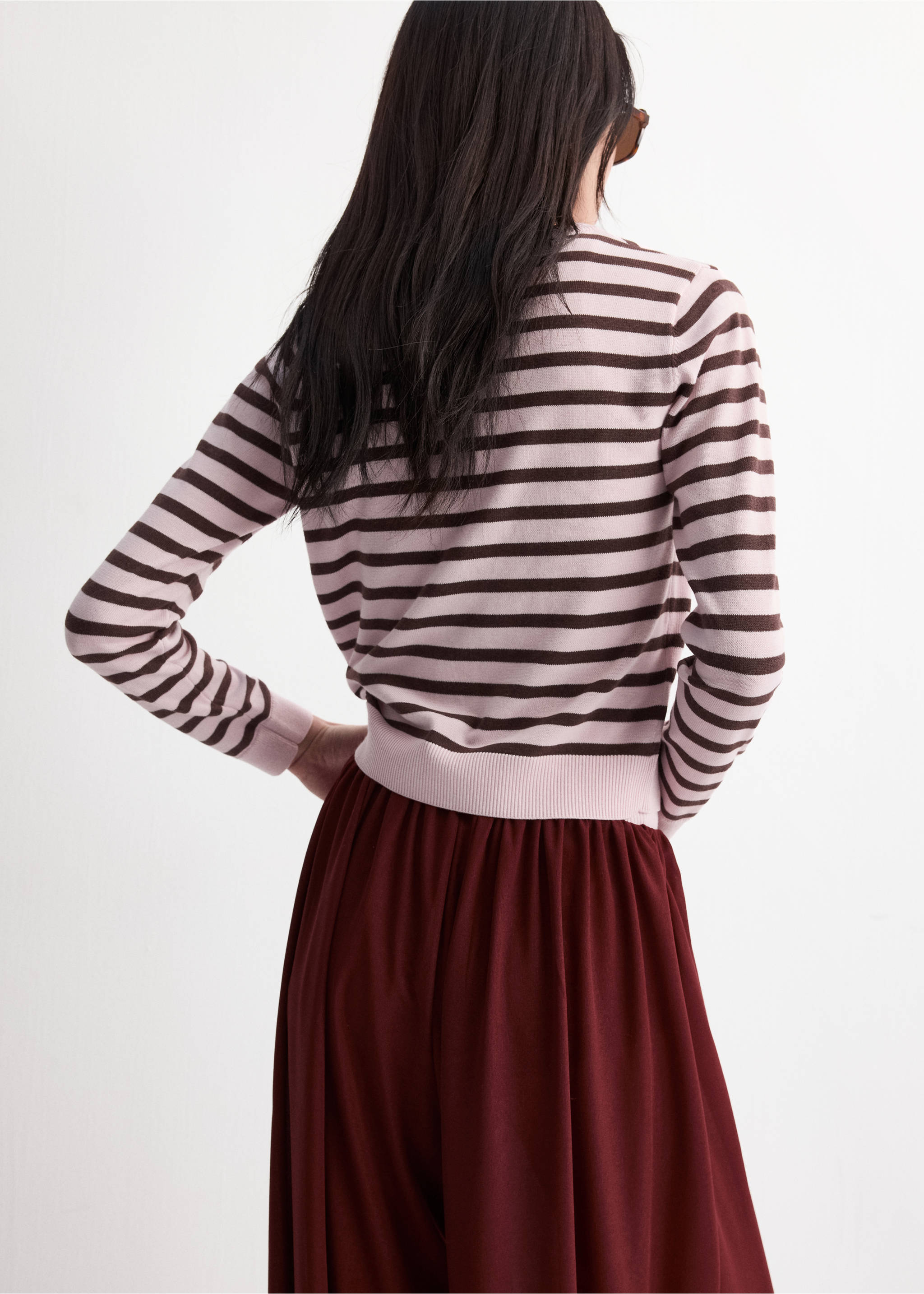 Back view of a pink and brown striped cardigan., Pink. Ref: 27097145-00.