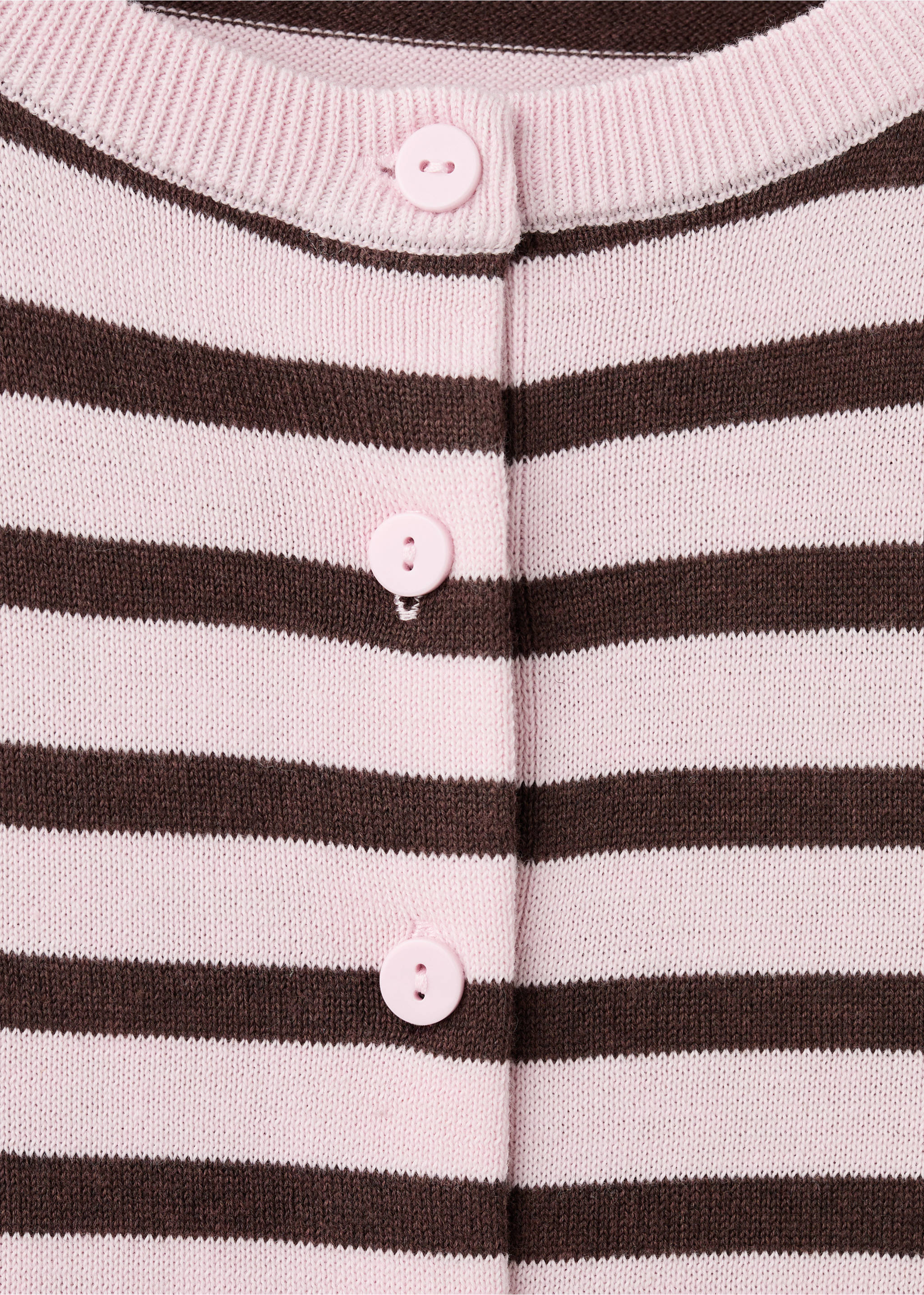 Pink and brown striped cardigan close-up showing the knit fabric and button placket., Pink. Ref: 27097145-00.