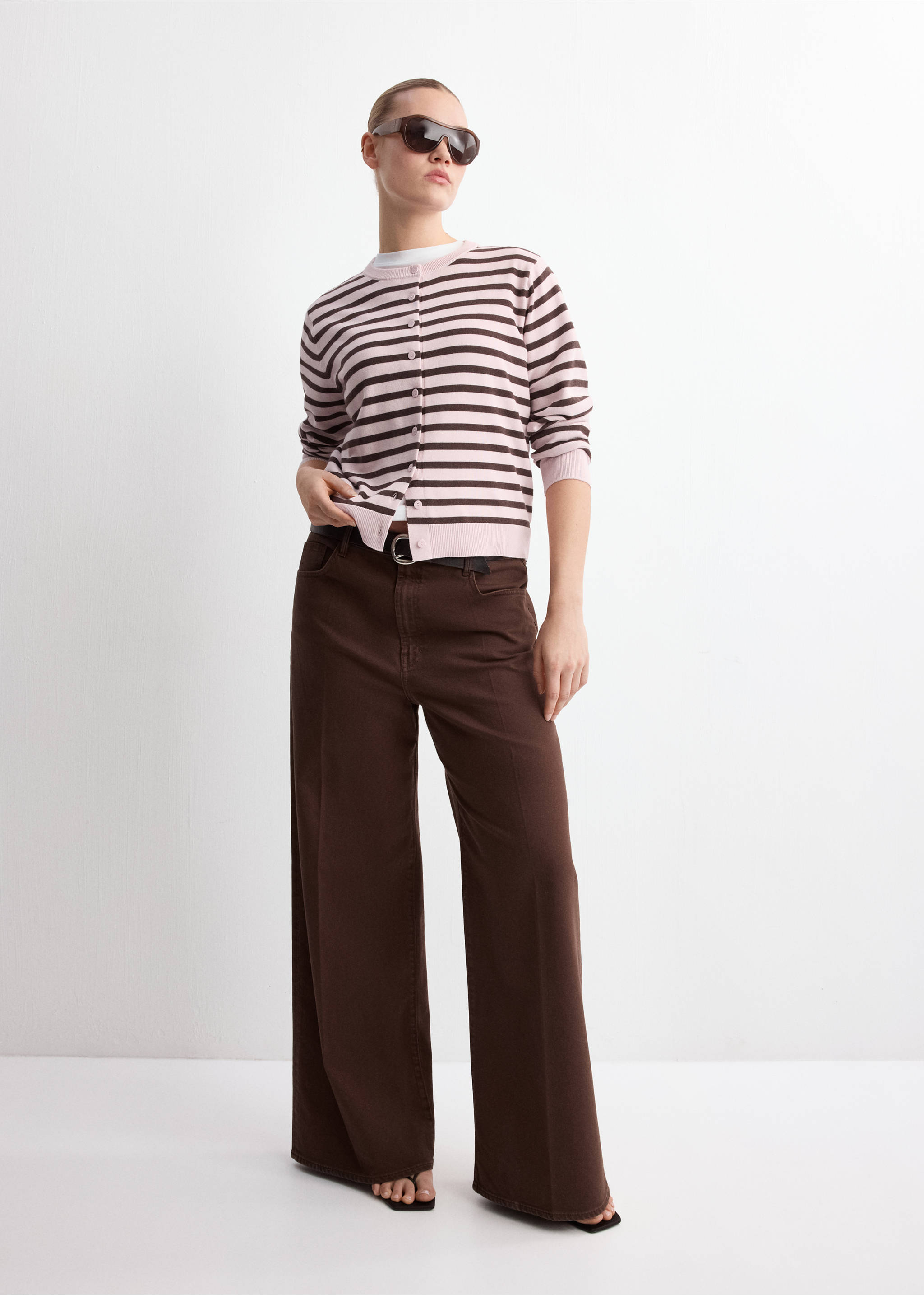 Pink and brown striped cardigan with crew neck and front buttons., Pink. Ref: 27097145-00.