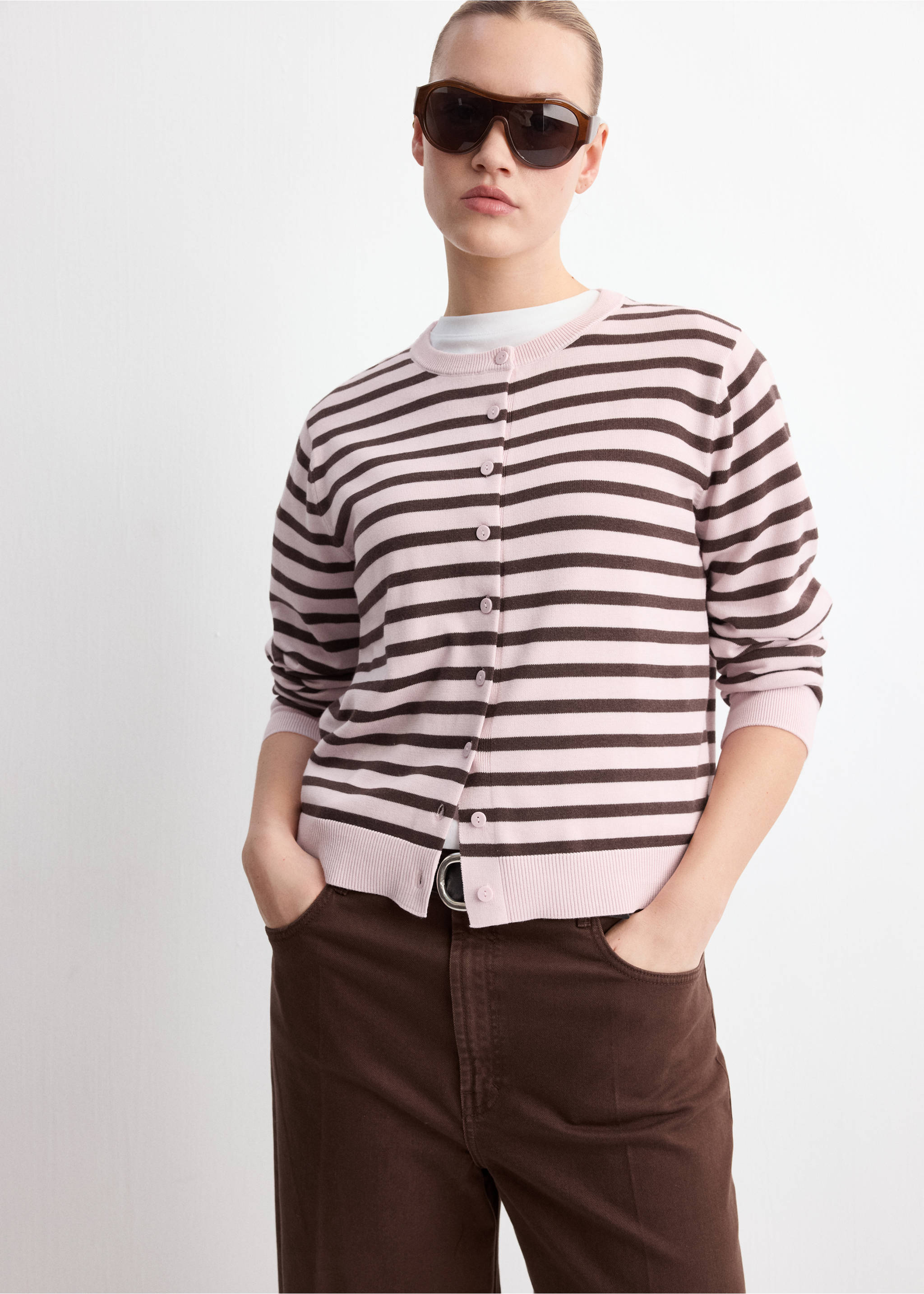 Pink and brown striped cardigan with a round neck and button fastening., Pink. Ref: 27097145-00.