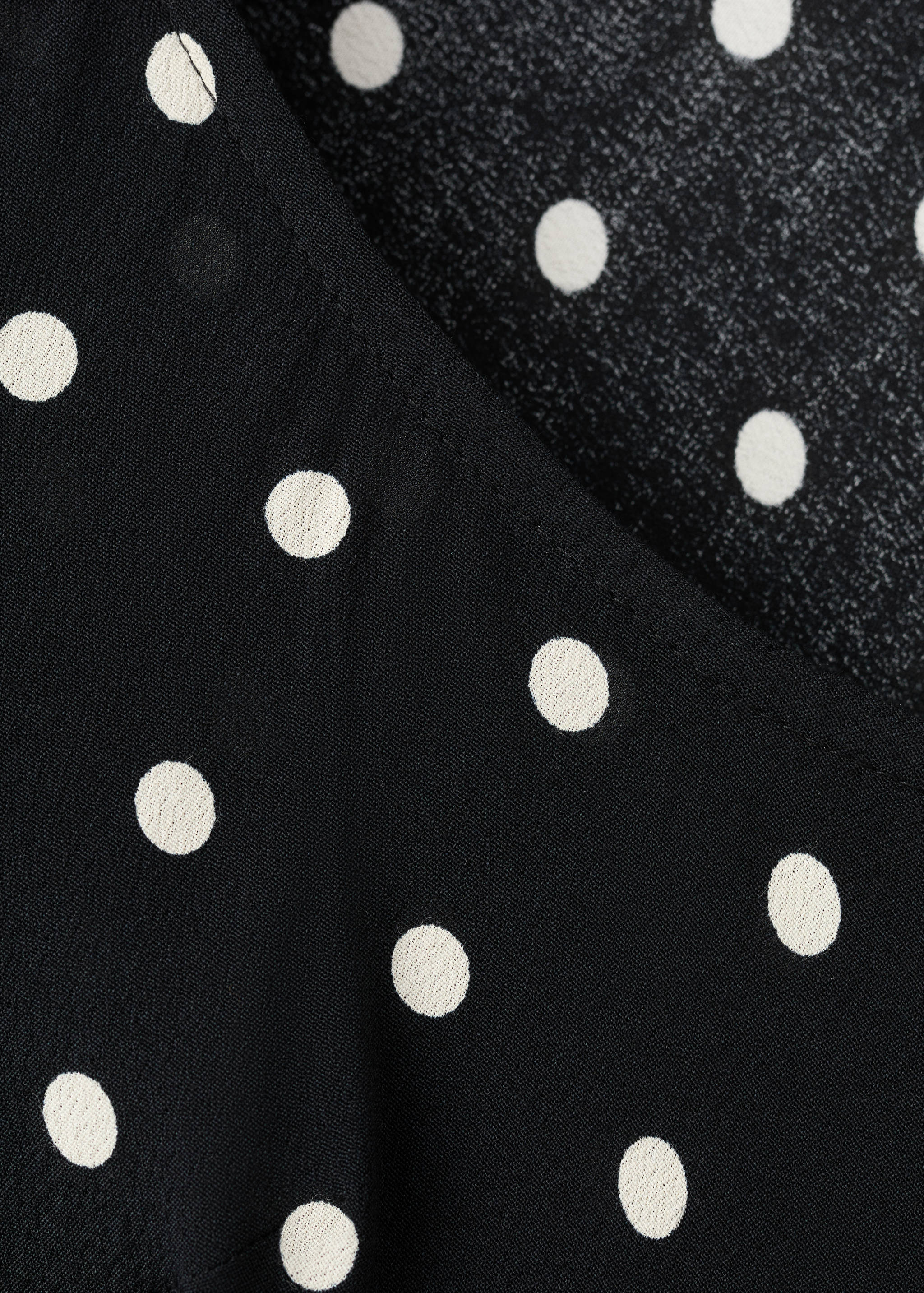 Close-up of a black dress with a white polka dot pattern.