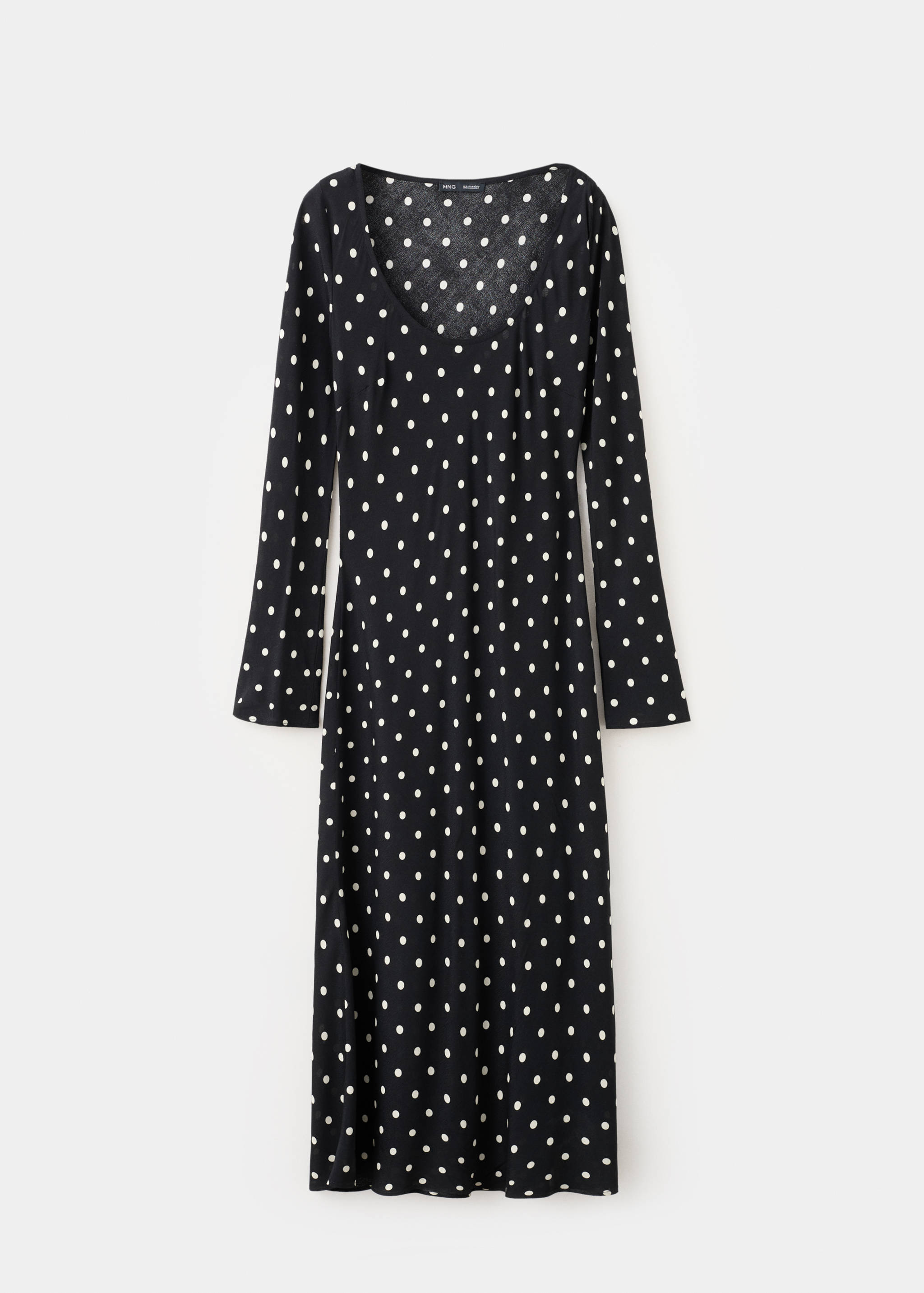 Black and white polka dot midi dress with long sleeves and scoop neck