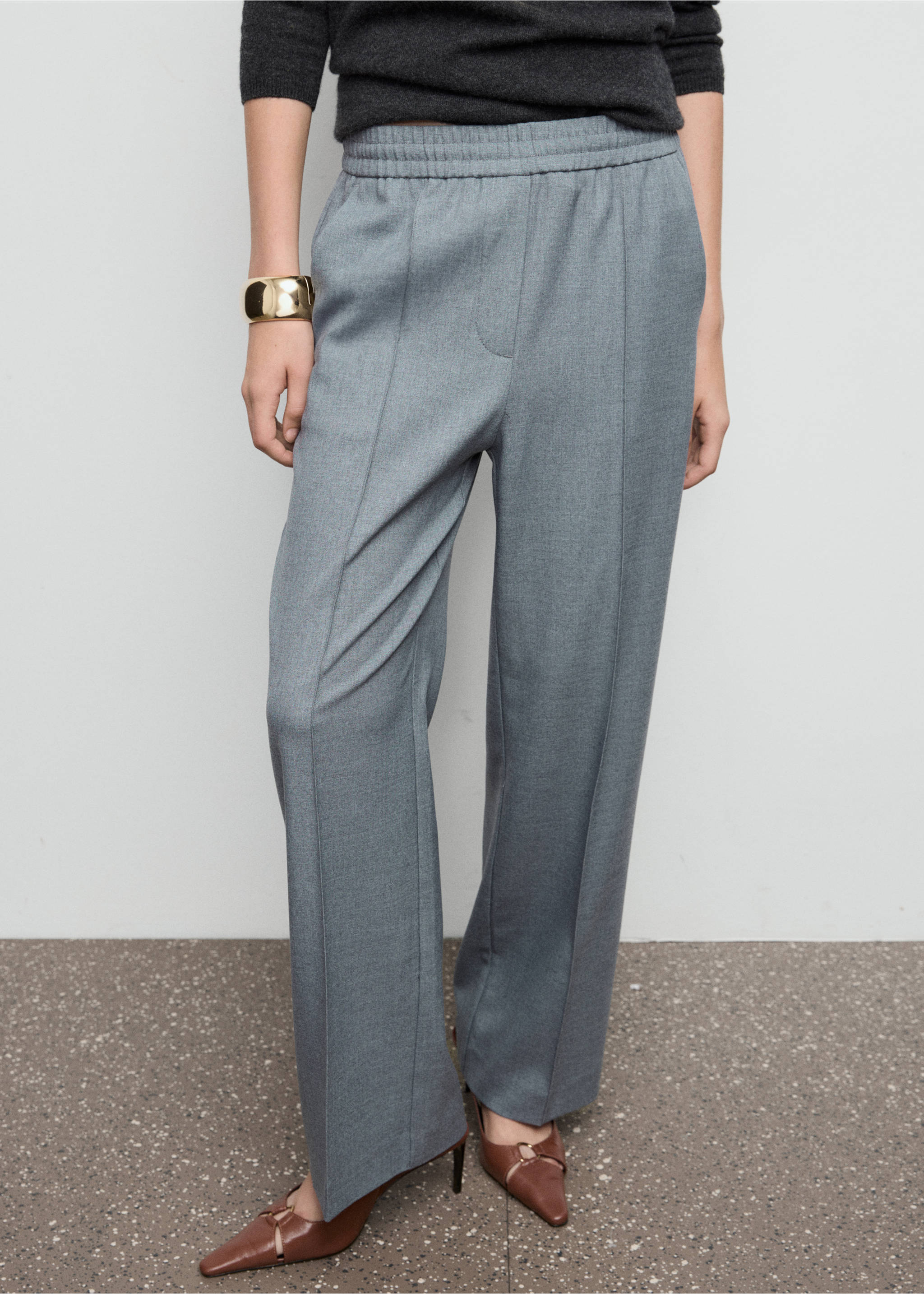 Wide leg trousers with elastic waist - Medium plane, Grey. Ref: 27111574-00.