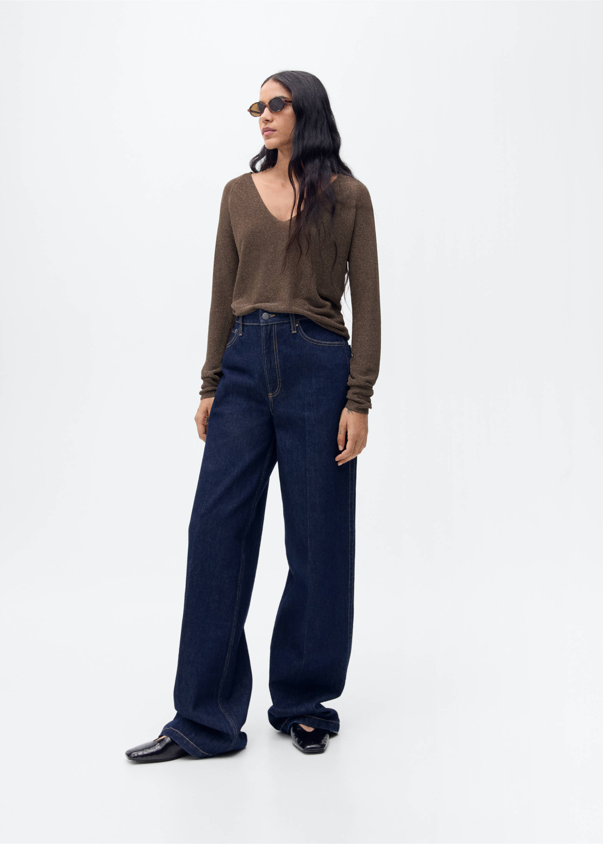 V-neck lurex sweater - General plane, Chocolate. Ref: 27911287-00.