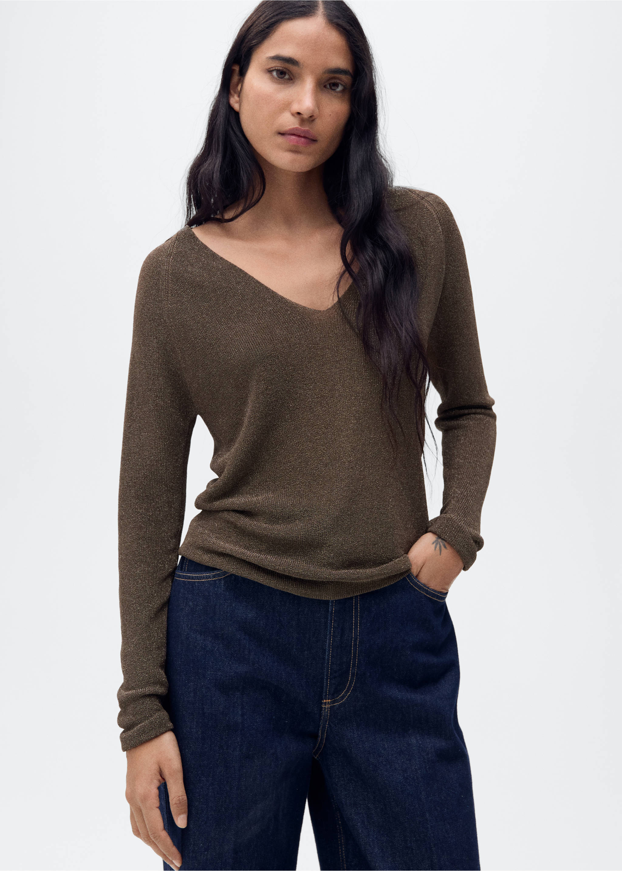 V-neck lurex sweater - Medium plane, Chocolate. Ref: 27911287-00.