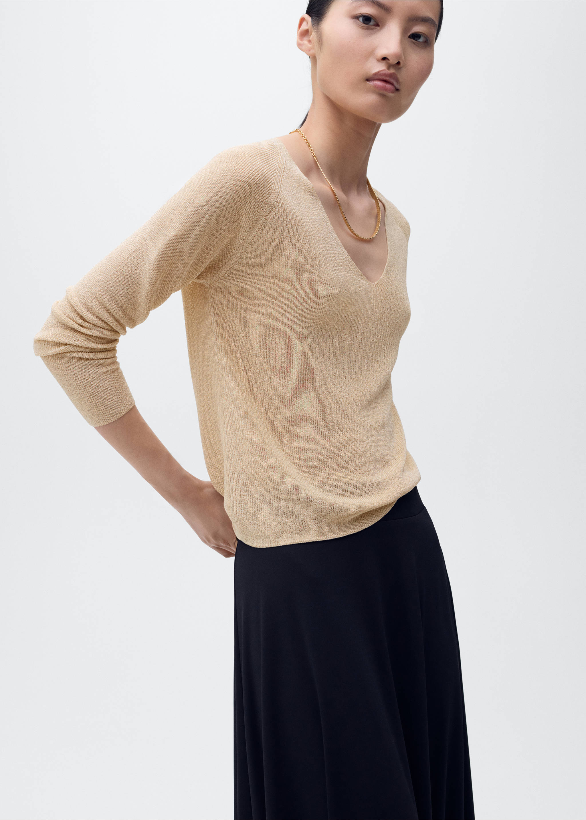 V-neck lurex sweater - Medium plane, Gold. Ref: 27911287-00.