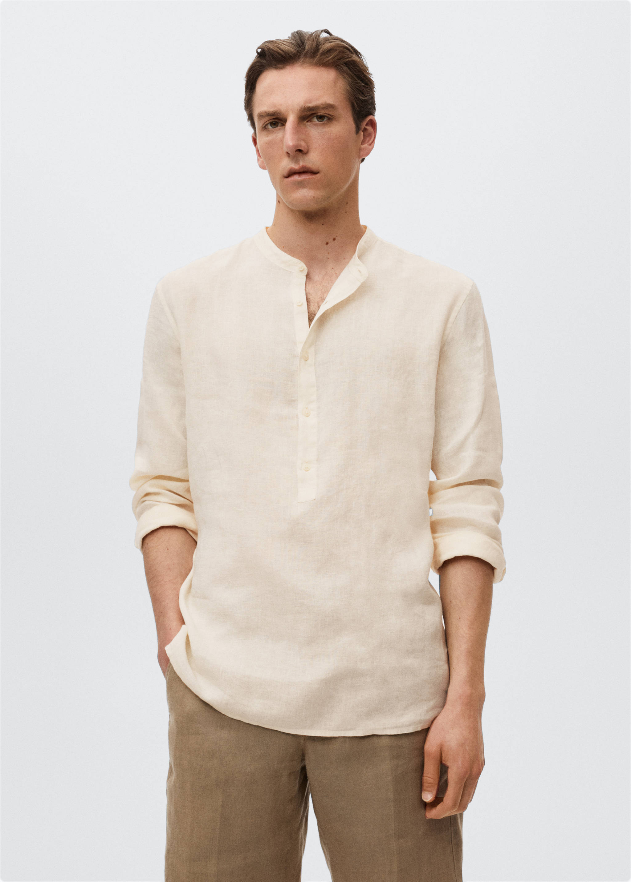 Regular-fit Mao-collar linen shirt - Medium plane