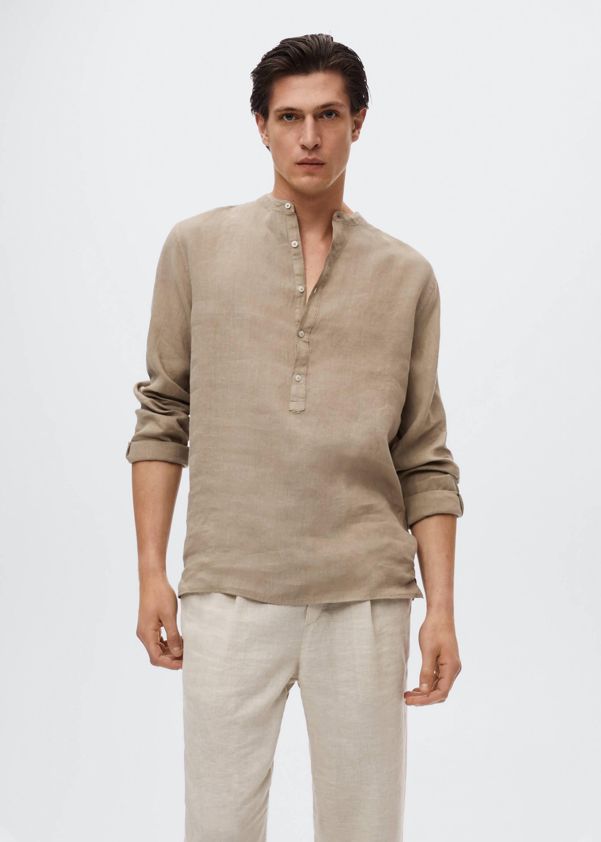 Regular-fit Mao-collar linen shirt - Medium plane