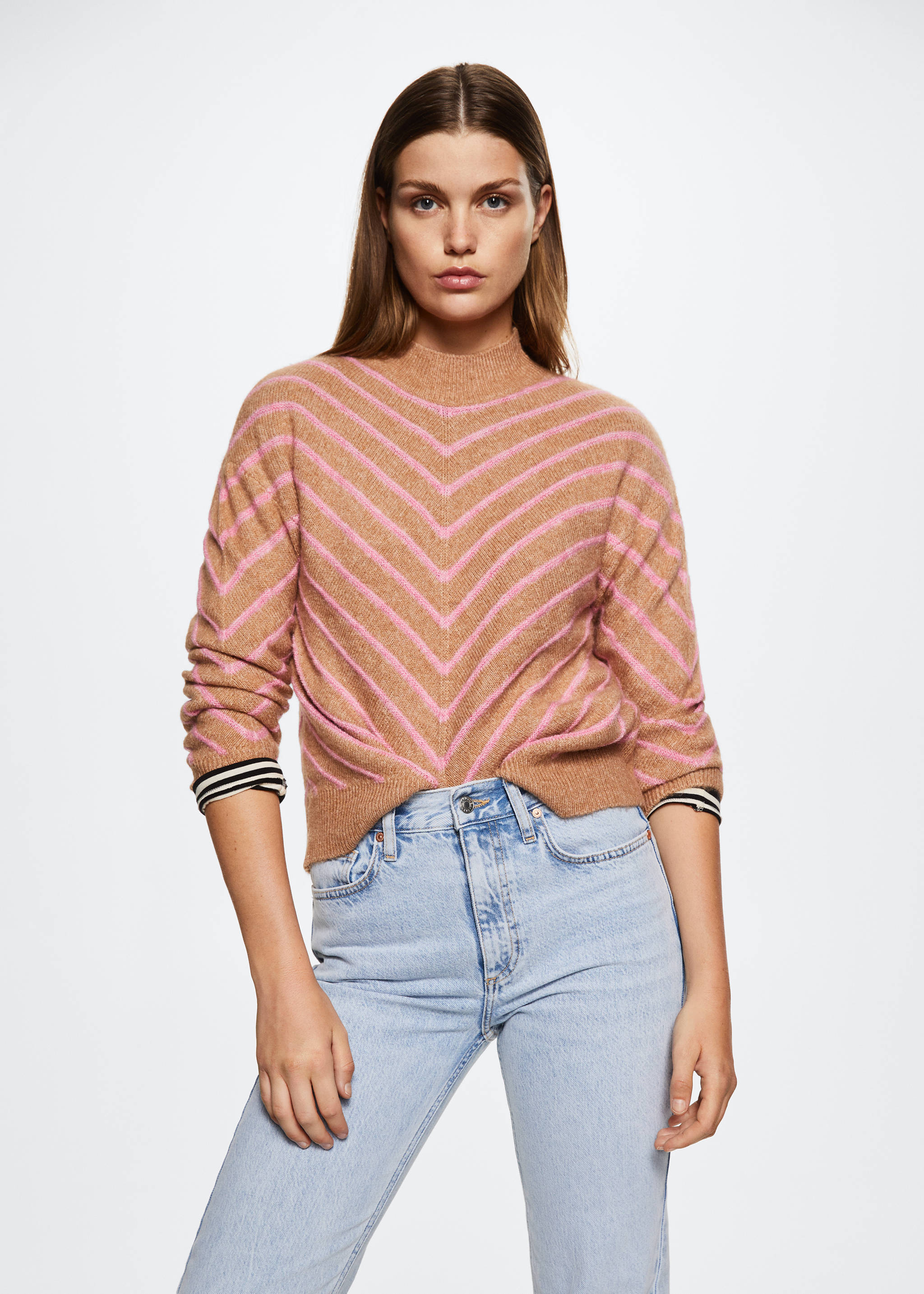 Gestreifter Pullover mit halbhohem Kragen - Mittlere Ansicht