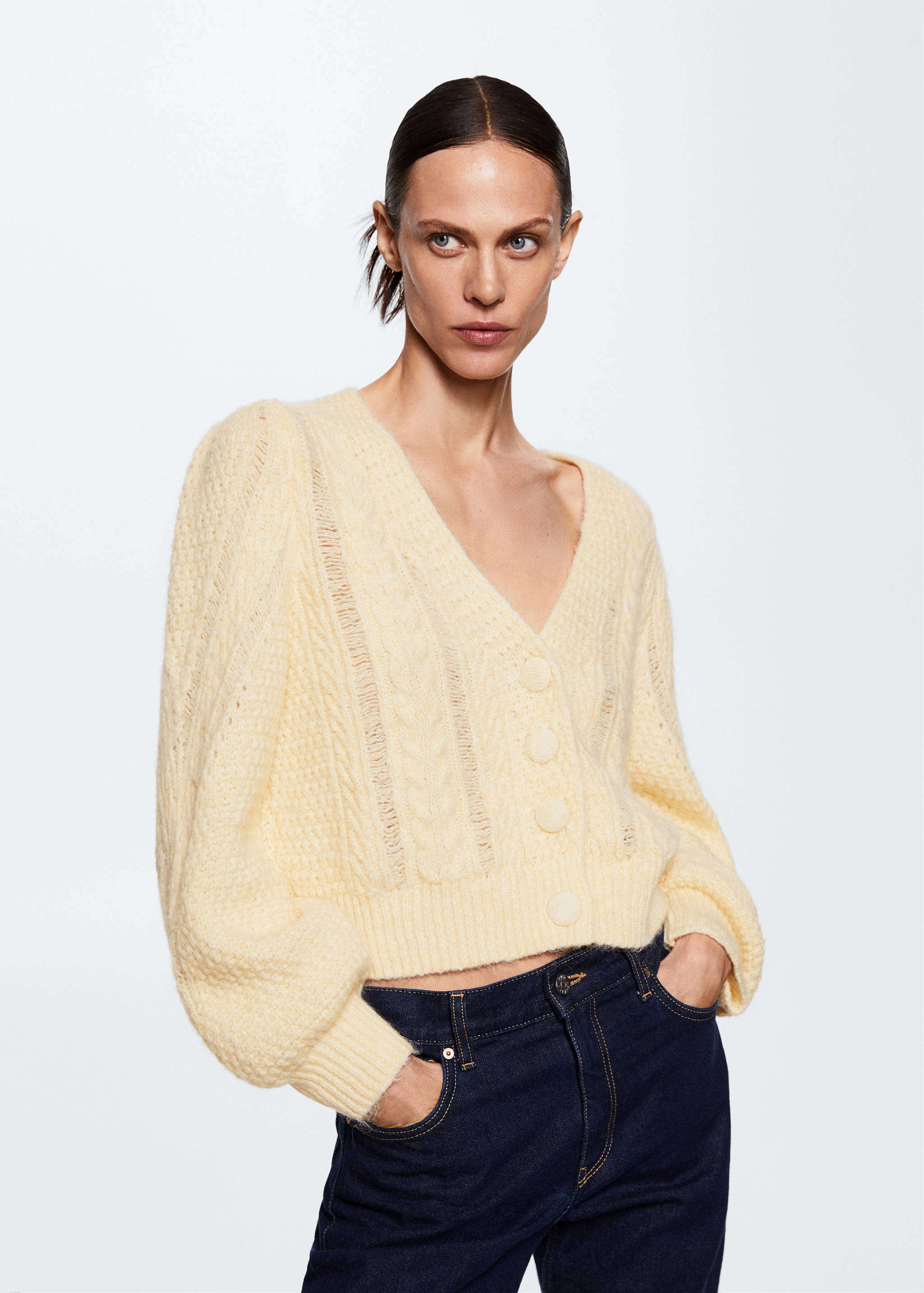 Buttoned knit braided cardigan - Medium plane