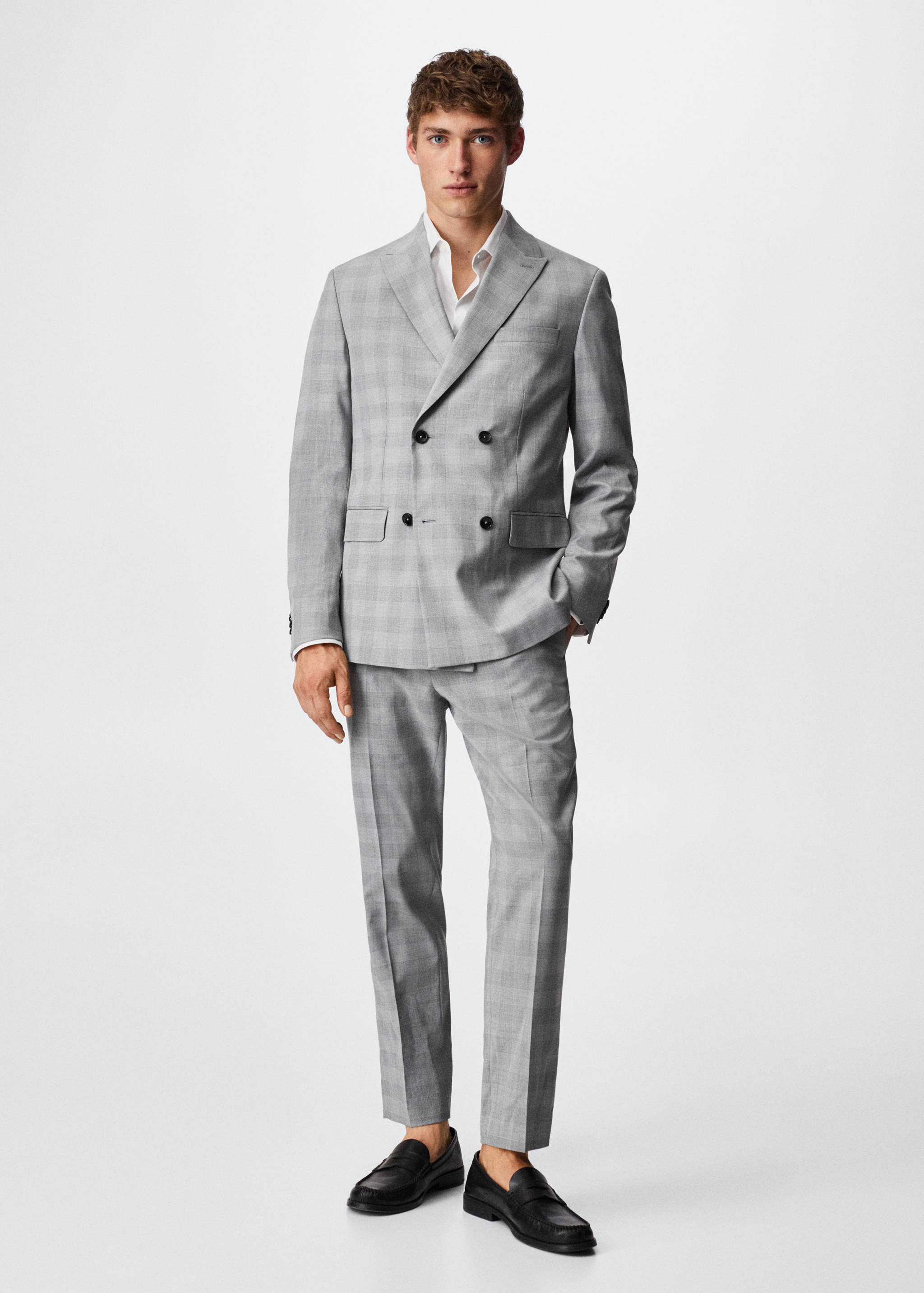 Slim fit checked double breasted suit blazer - General plane