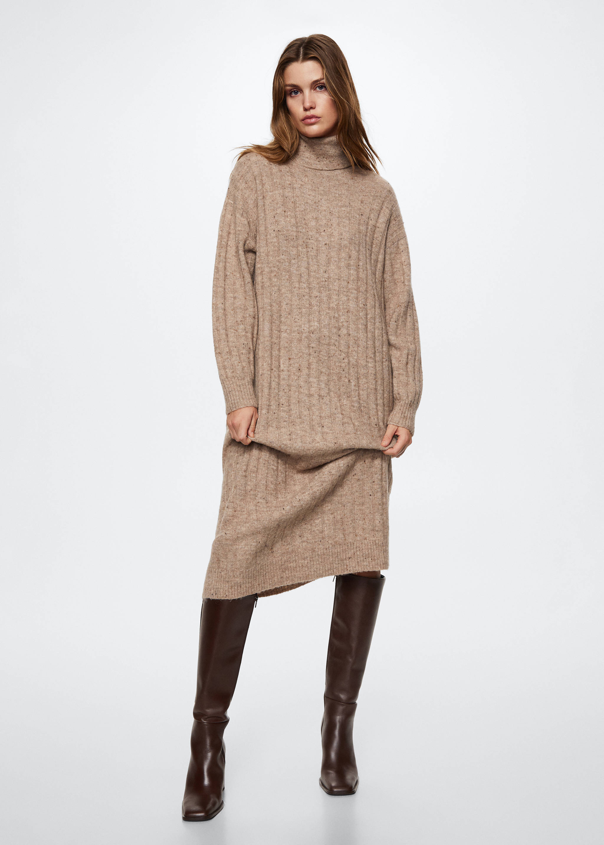 Vestido canalé cuello vuelto - Plano general