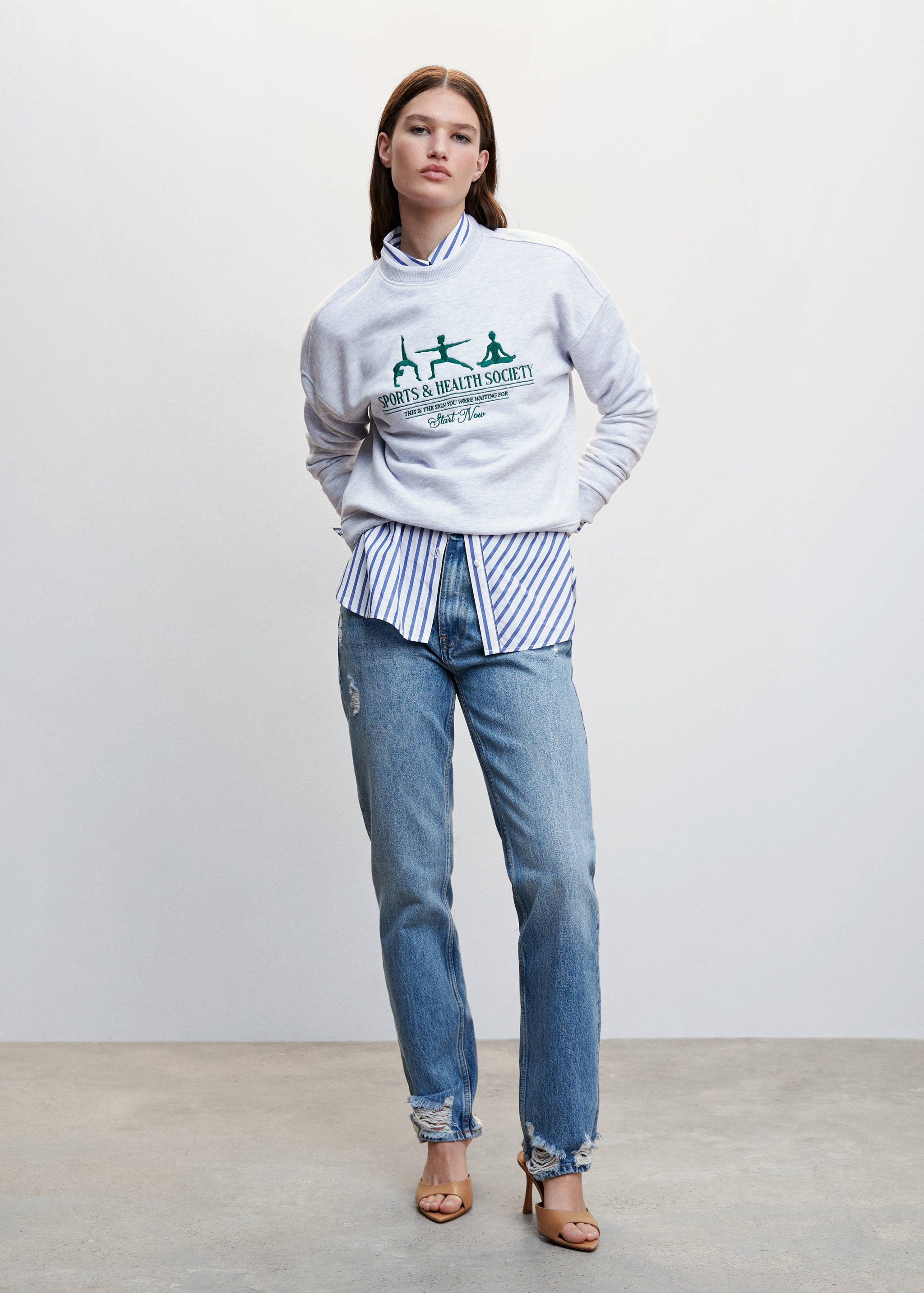 Ripped high-rise straight jeans - General plane