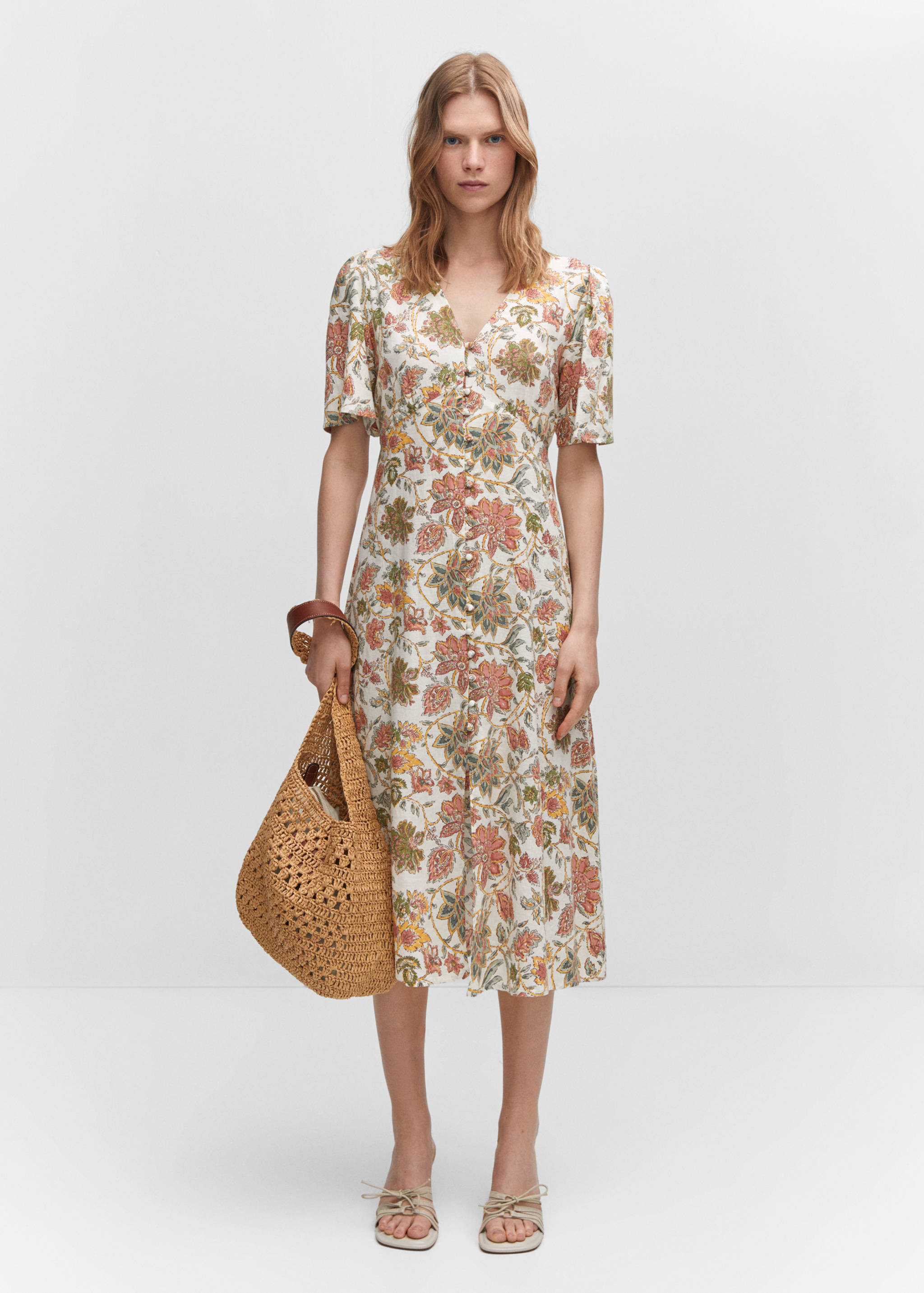 Buttoned linen-blend dress - General plane