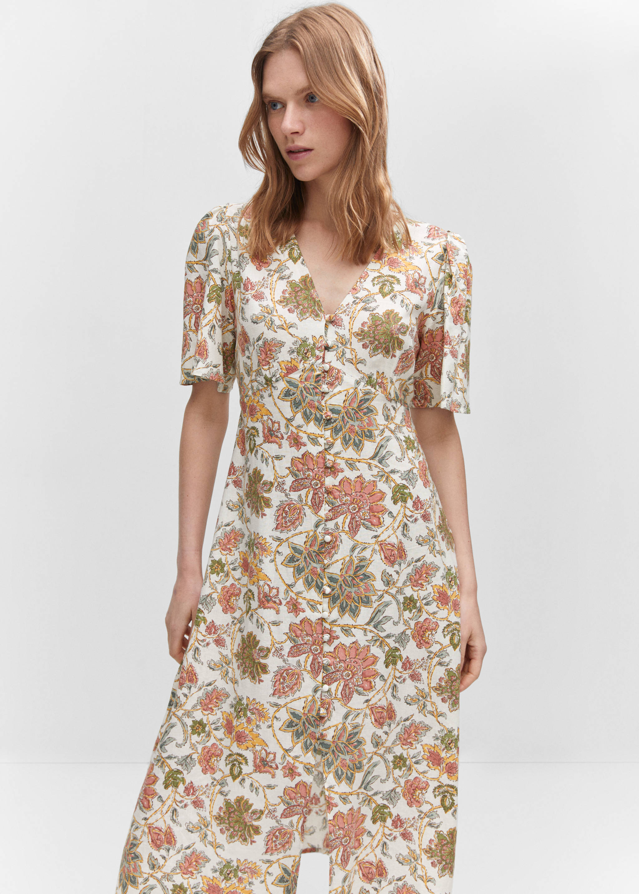 Buttoned linen-blend dress - Medium plane