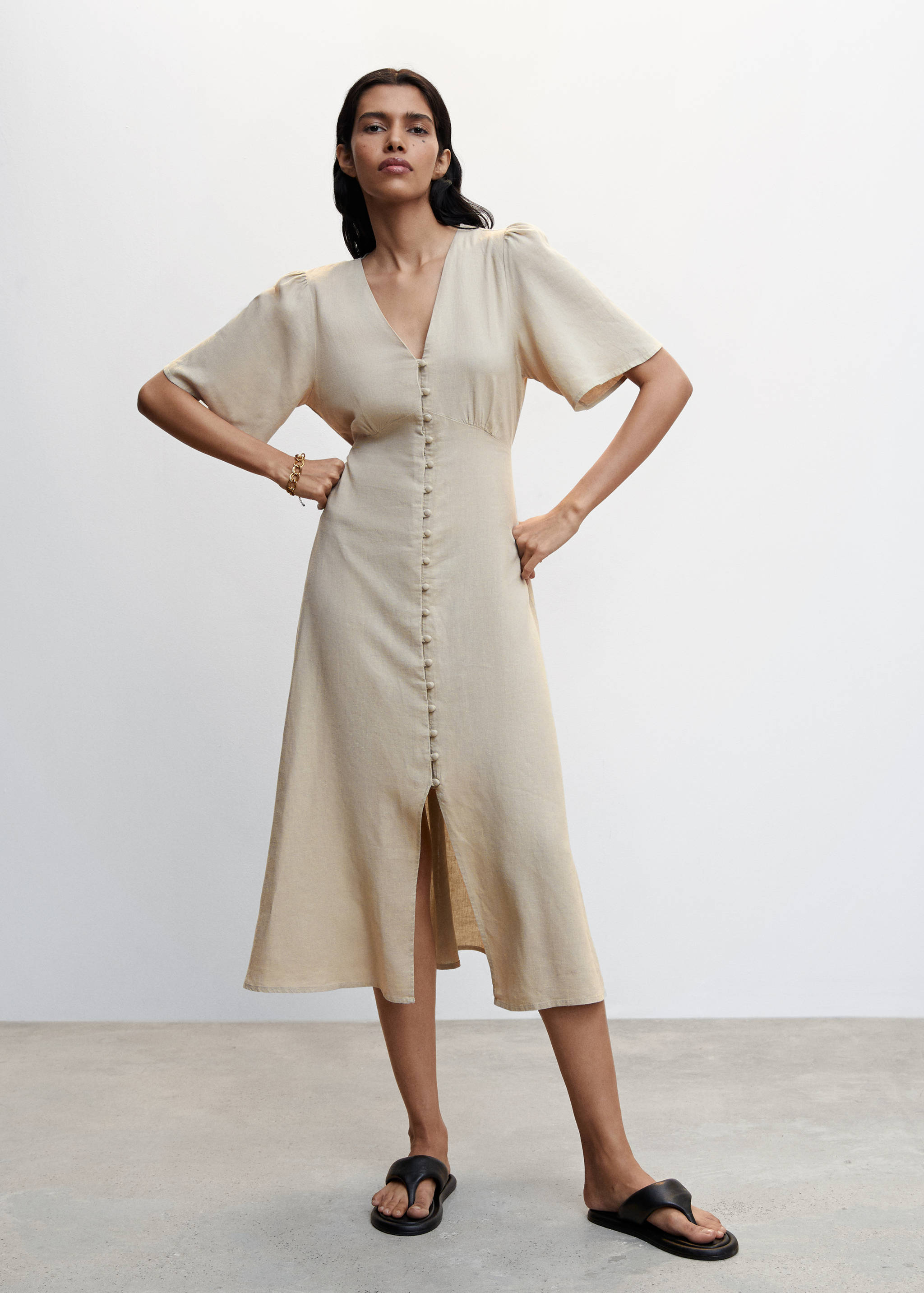 Buttoned linen-blend dress - General plane