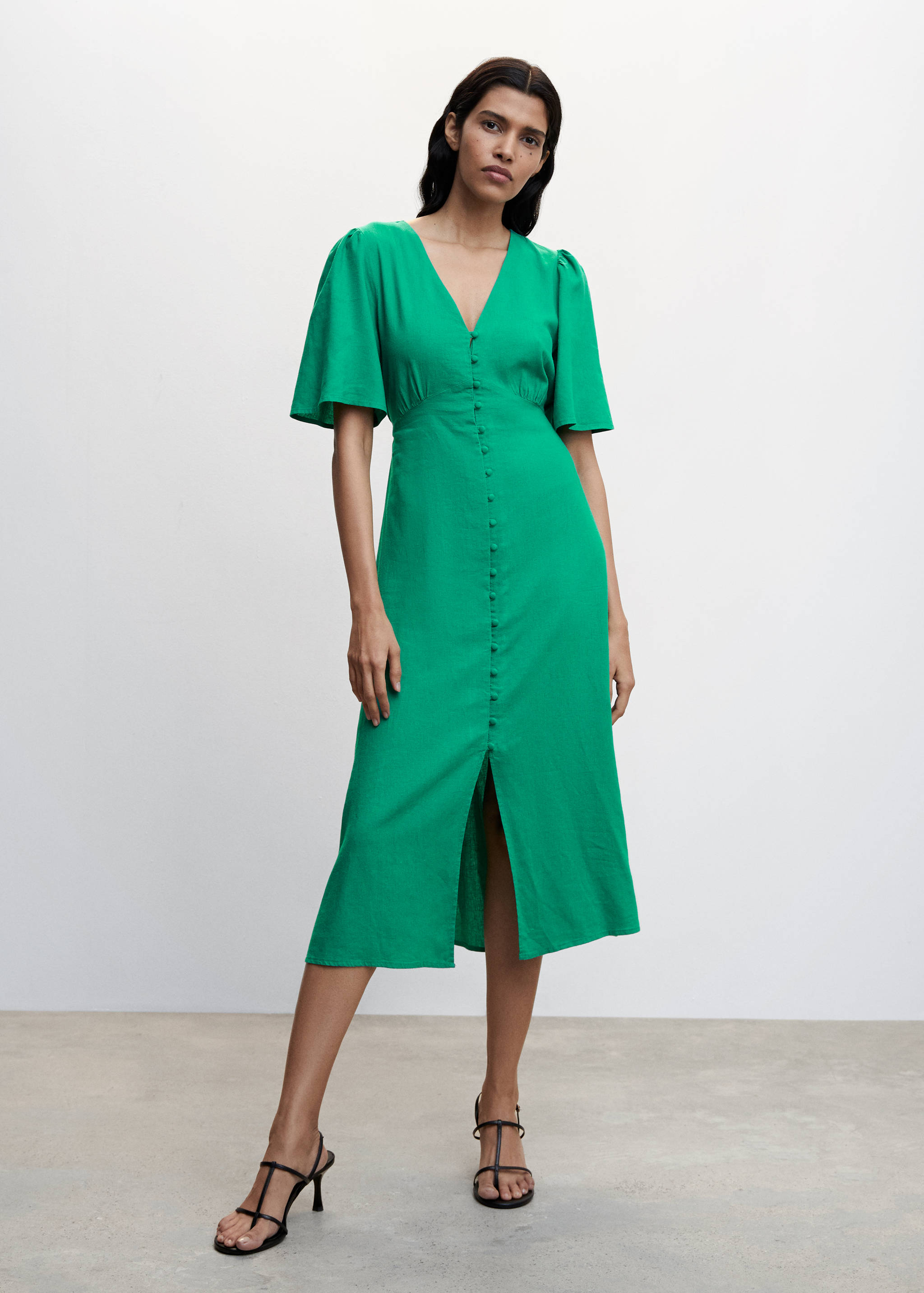 Buttoned linen-blend dress - General plane