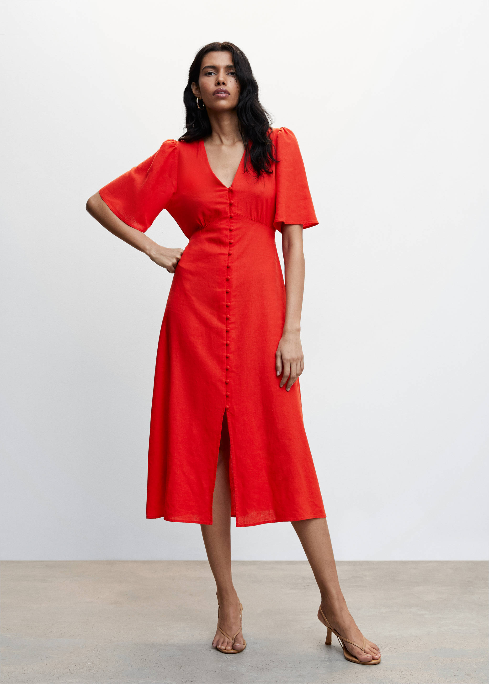 Buttoned linen-blend dress - General plane