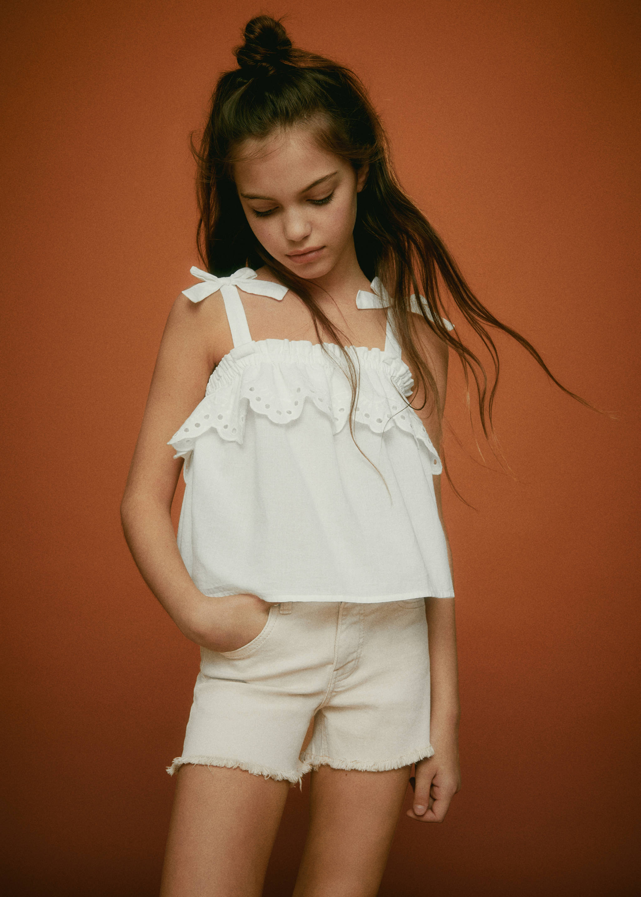 Gerafelde denim shorts - Middenvlak