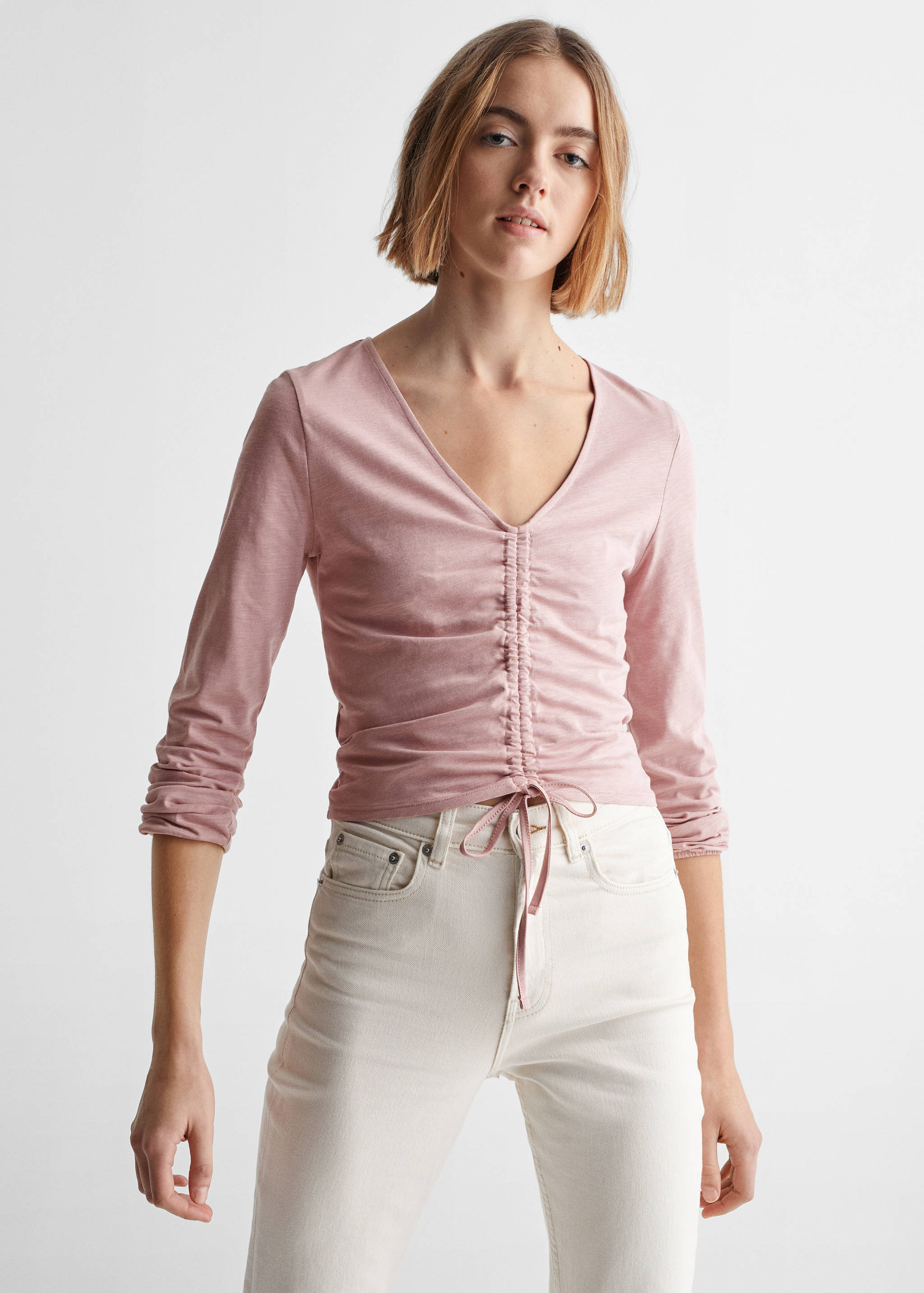 T-shirt coton détail froncé - Plan moyen