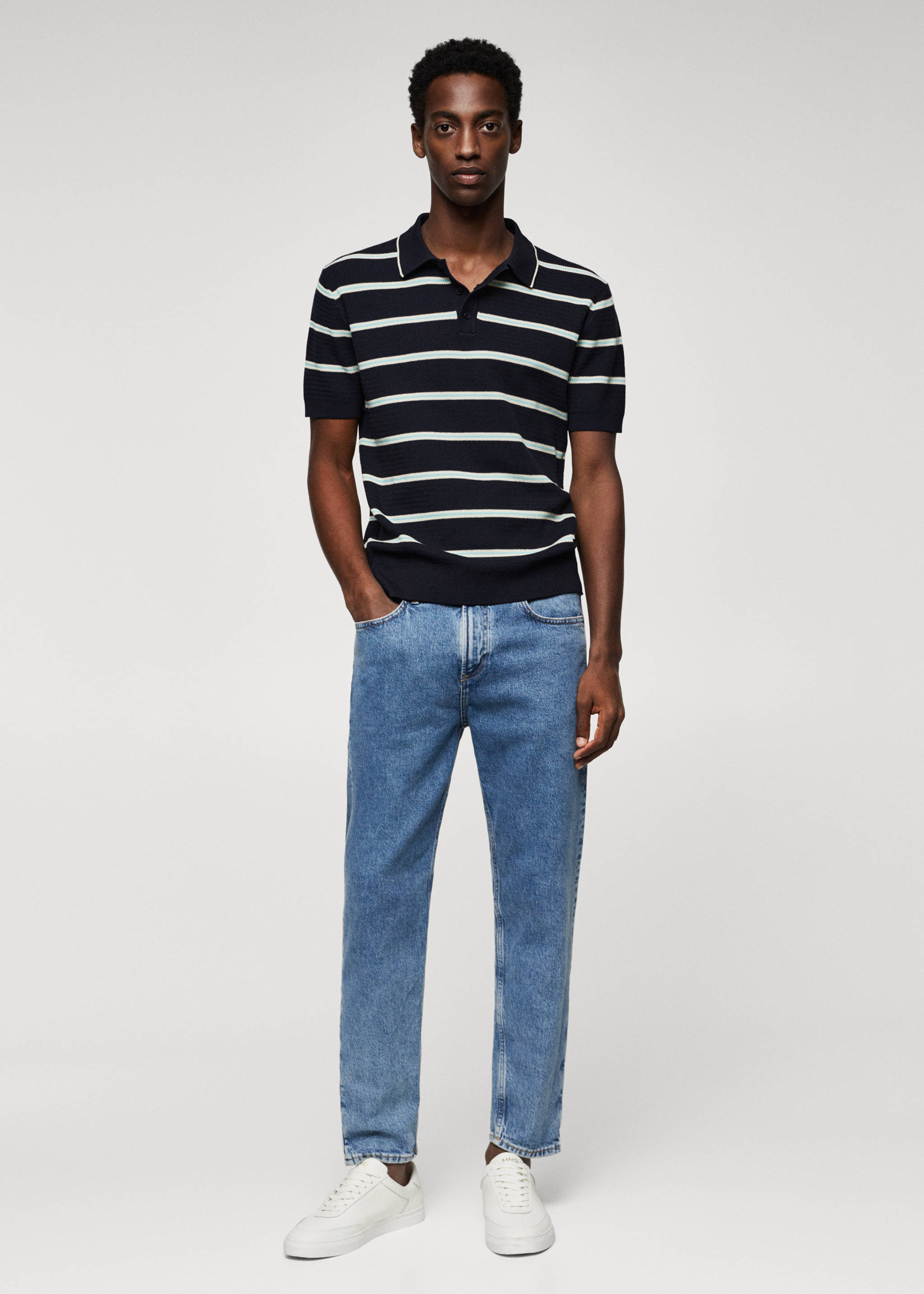 Striped textured knitted polo shirt - General plane