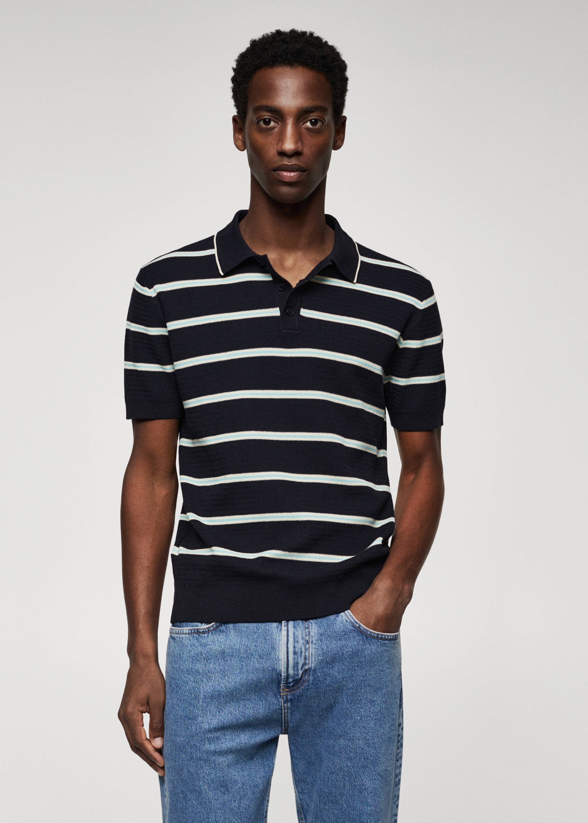 Striped textured knitted polo shirt - Medium plane