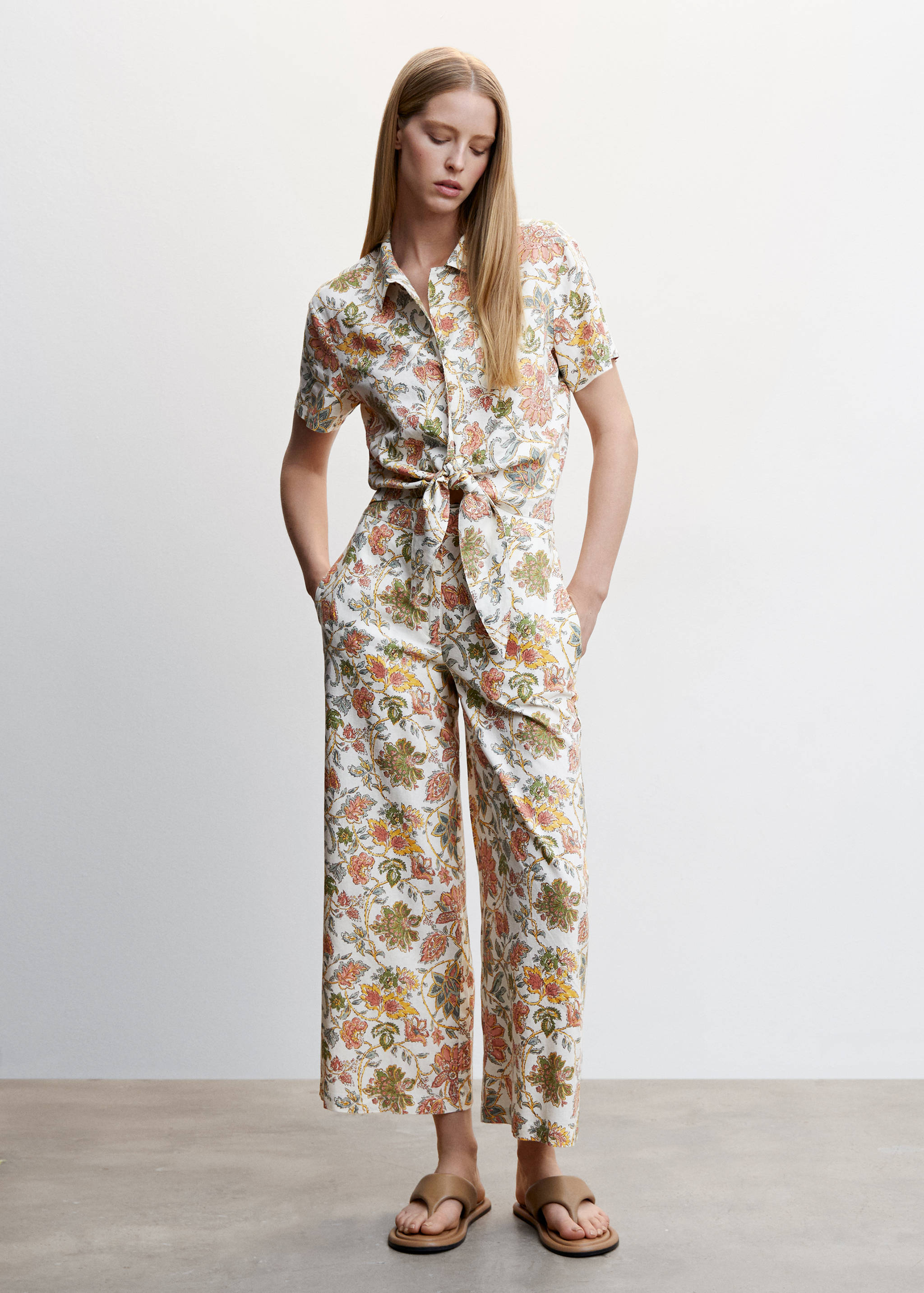 Linen floral culotte trousers - General plane
