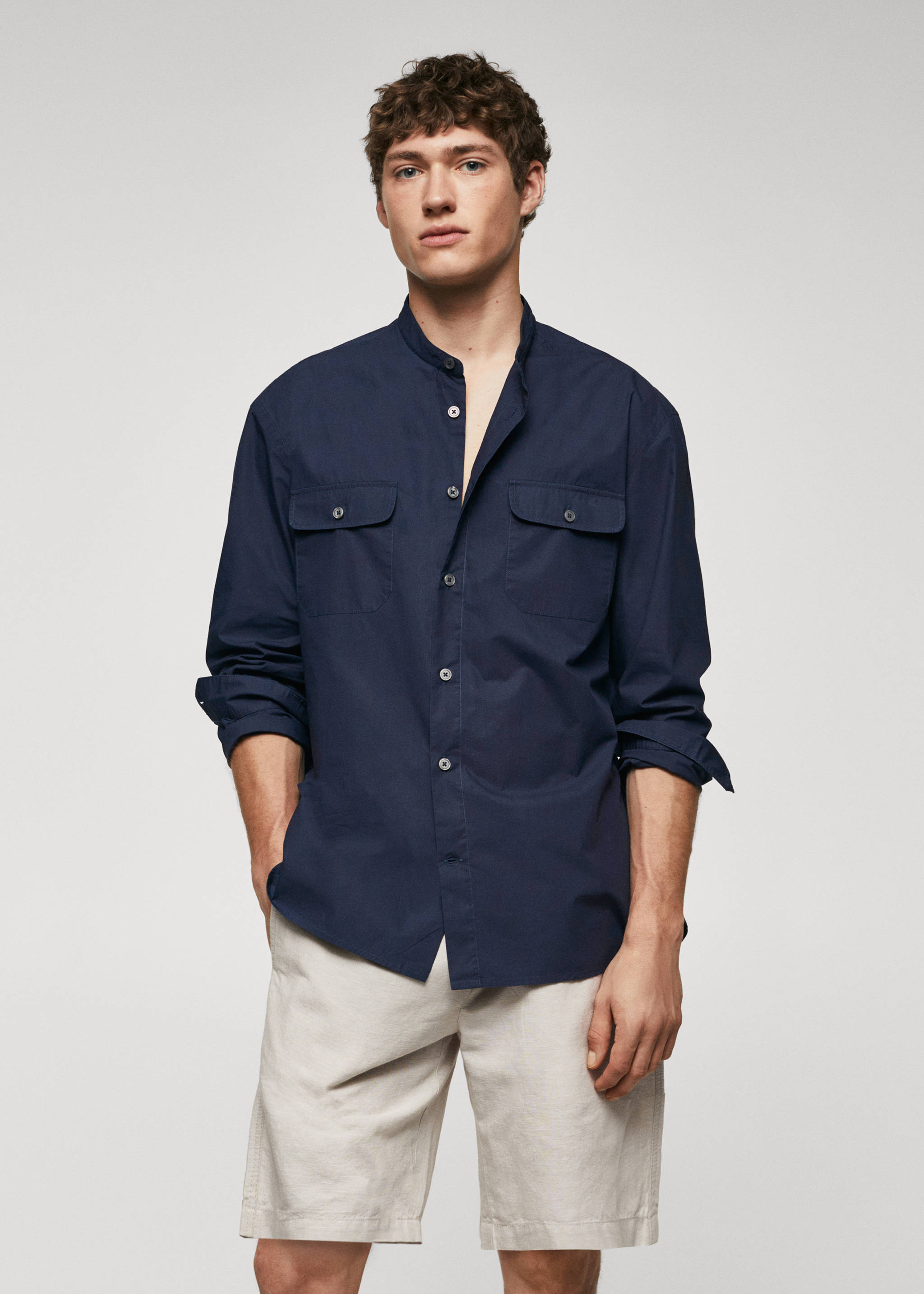 Slim-fit Mao-collar cotton shirt - Medium plane