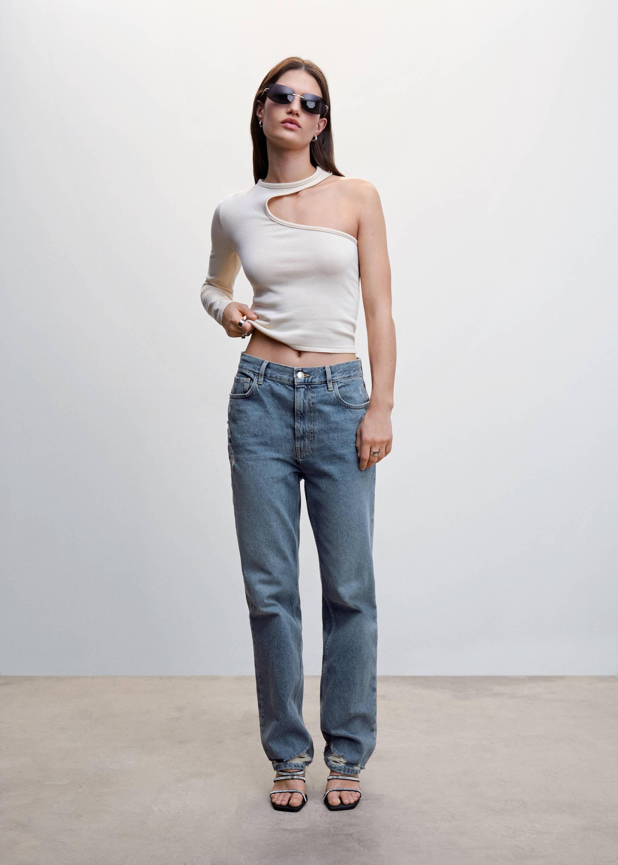 Ripped high-rise straight jeans - General plane