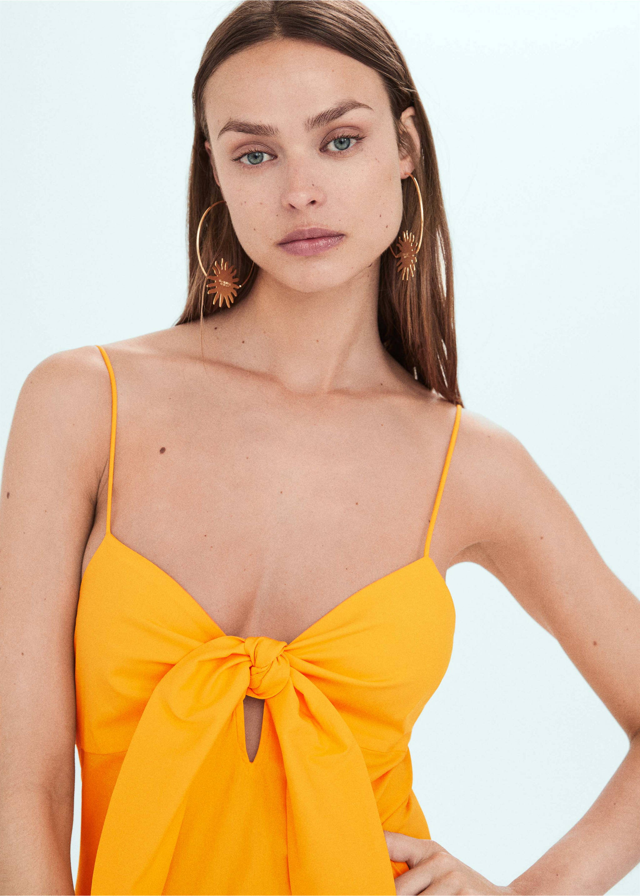 Strappy dress with knot neckline - Details of the article 1, Mustard. Ref: 57000431-00.